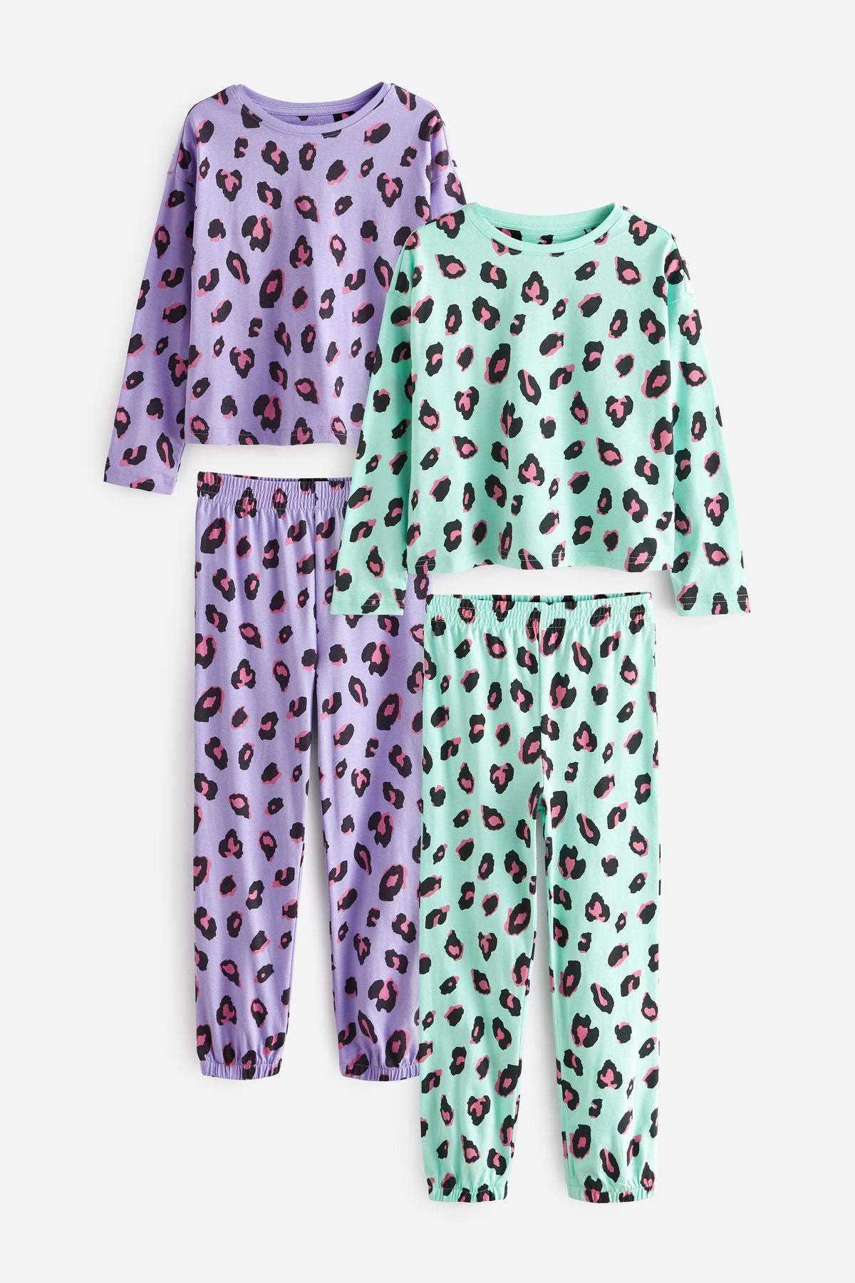 Purple and mint leopard-print kids pajama pieces: tops and matching pants