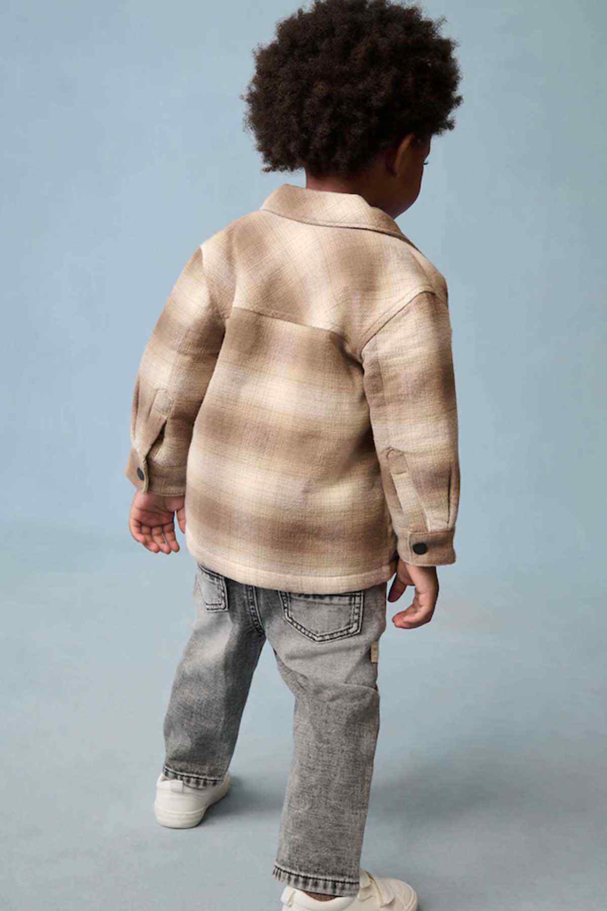 Toddler beige plaid jacket, back view, button front and point collar