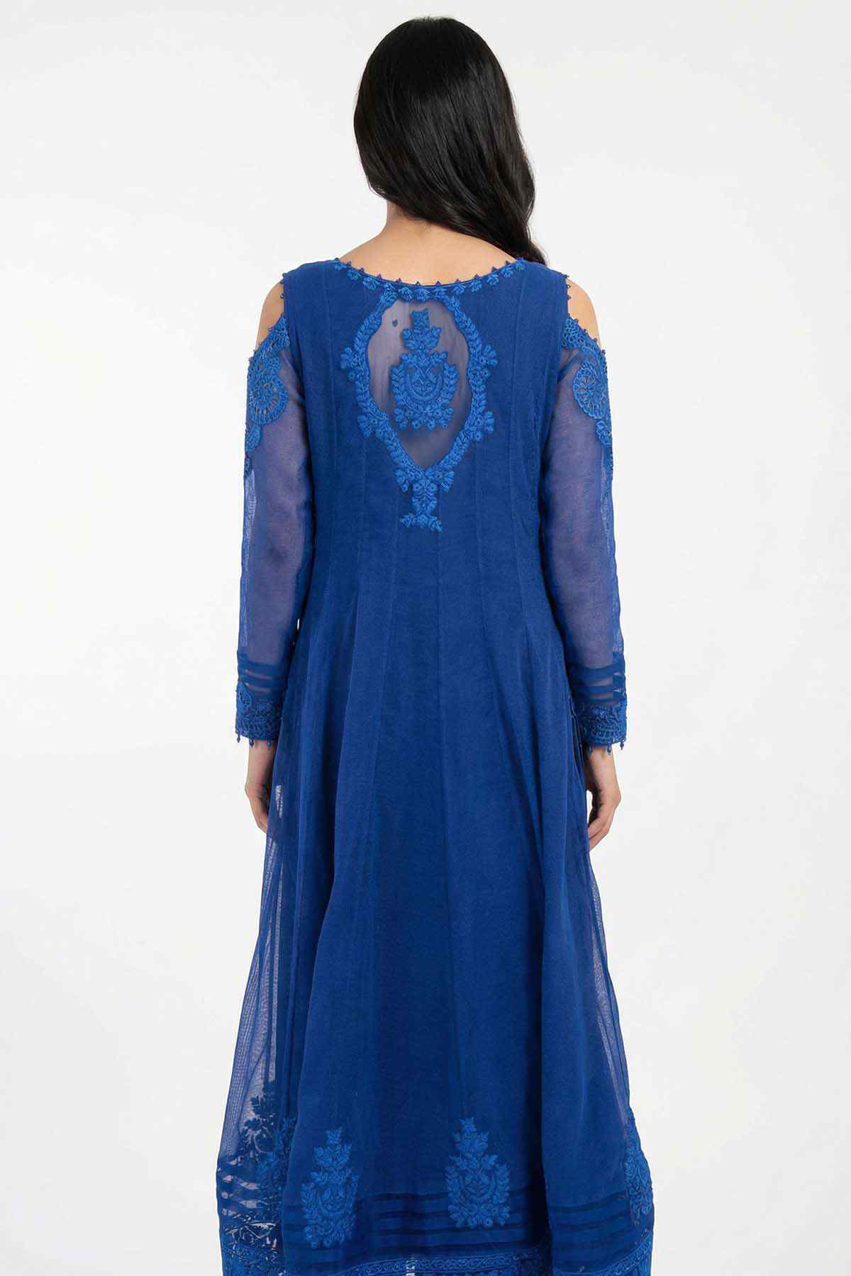 Royal blue embroidered long dress, back view, with motif yoke and sheer sleeves