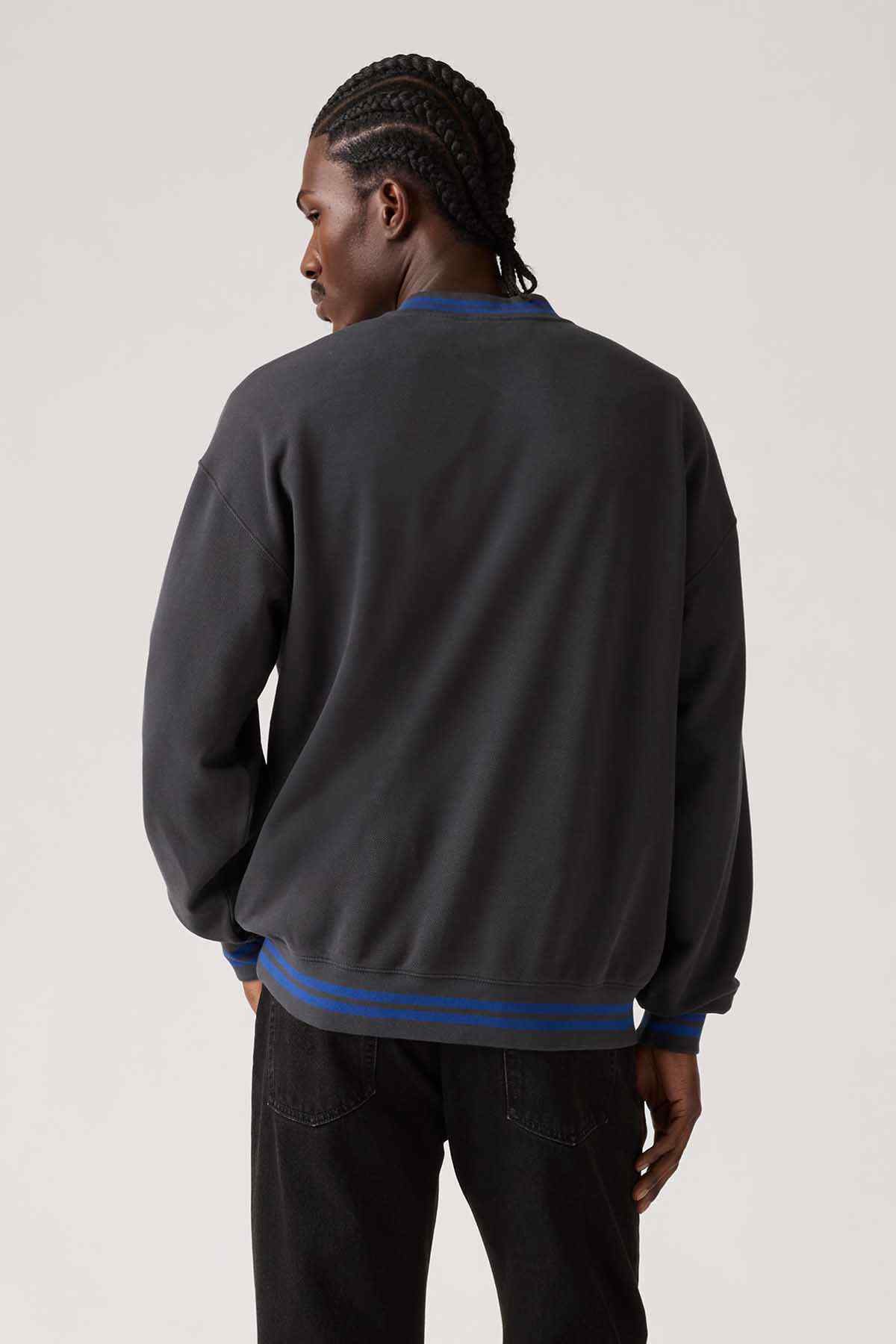 Crewneck sweatshirt, dark gray, blue-striped rib cuffs and collar, back