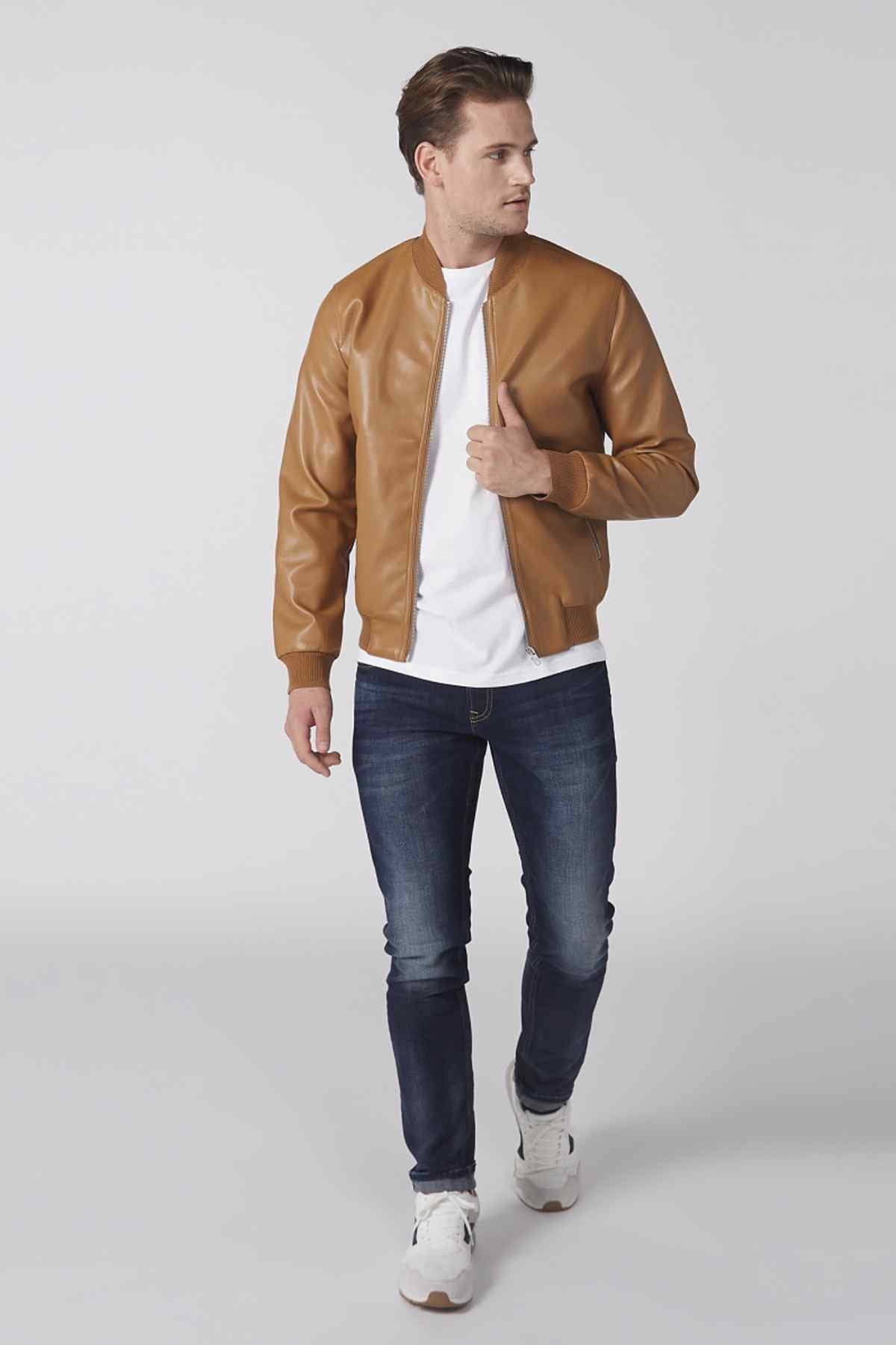 Brown leather bomber jacket full view with ribbed hem and zip front