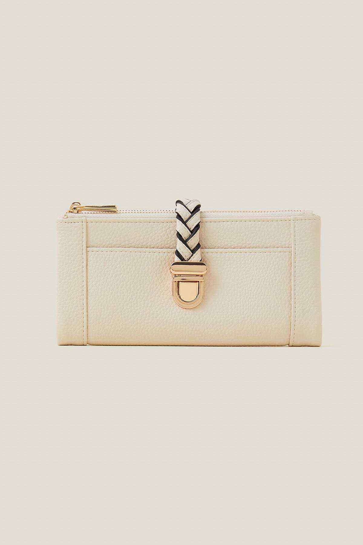 ACCESSORIZE cream zip clutch with front buckle detail and striped strap