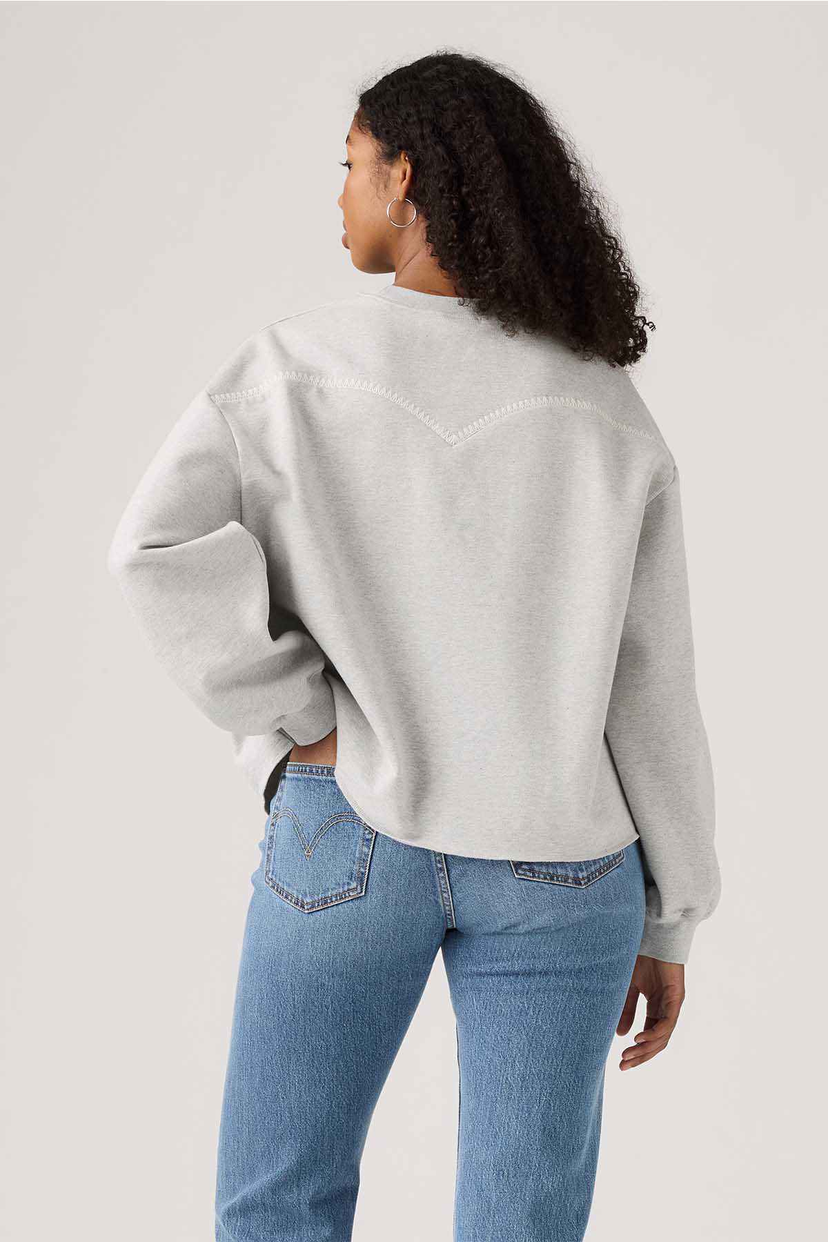 Grey crewneck sweatshirt back view, drop-shoulder long sleeves