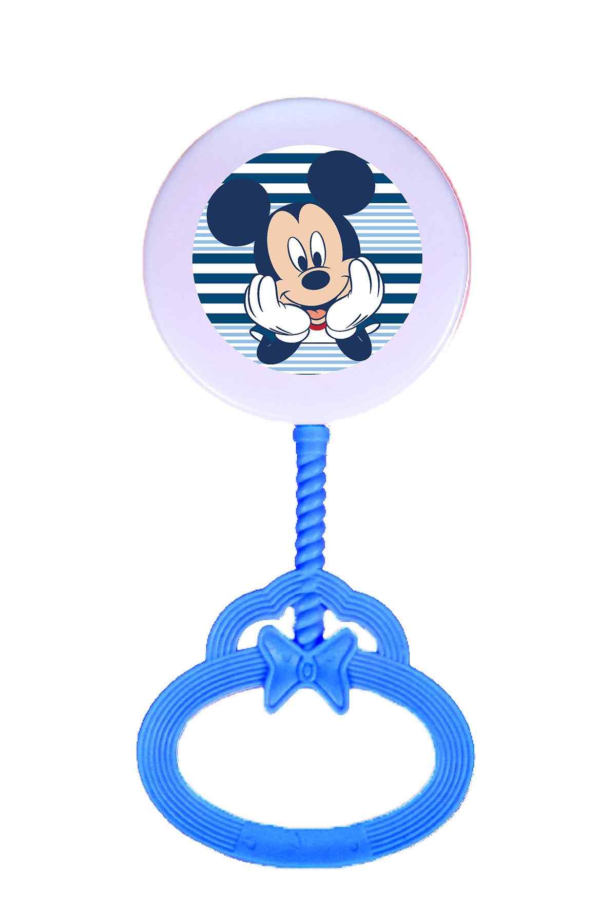 Disney baby rattle with blue star ring and Mickey Mouse face on light ball