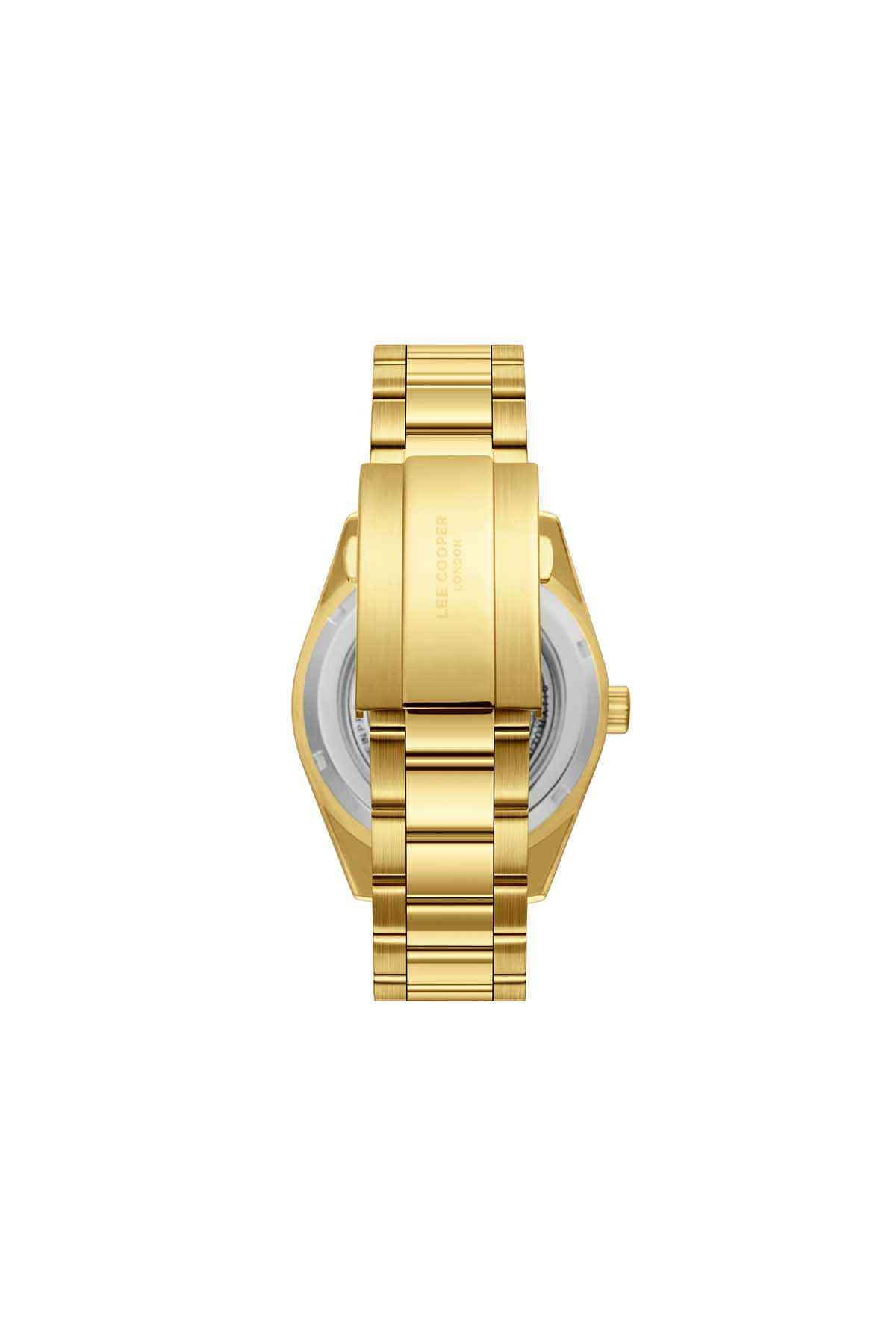 Lee Cooper gold wristwatch rear case view, metal bracelet and crown