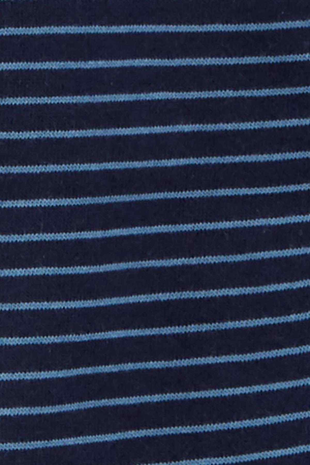 Dark blue knit fabric with light blue horizontal stripes
