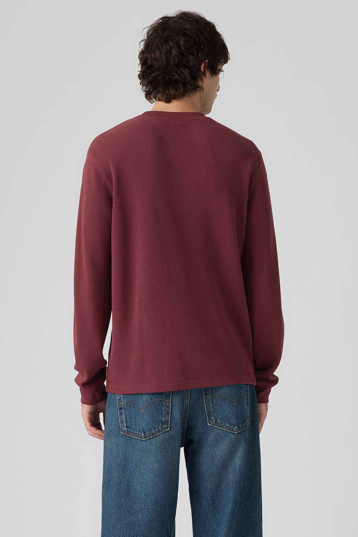 Men's maroon long-sleeve sweatshirt from back view, ribbed crew neck