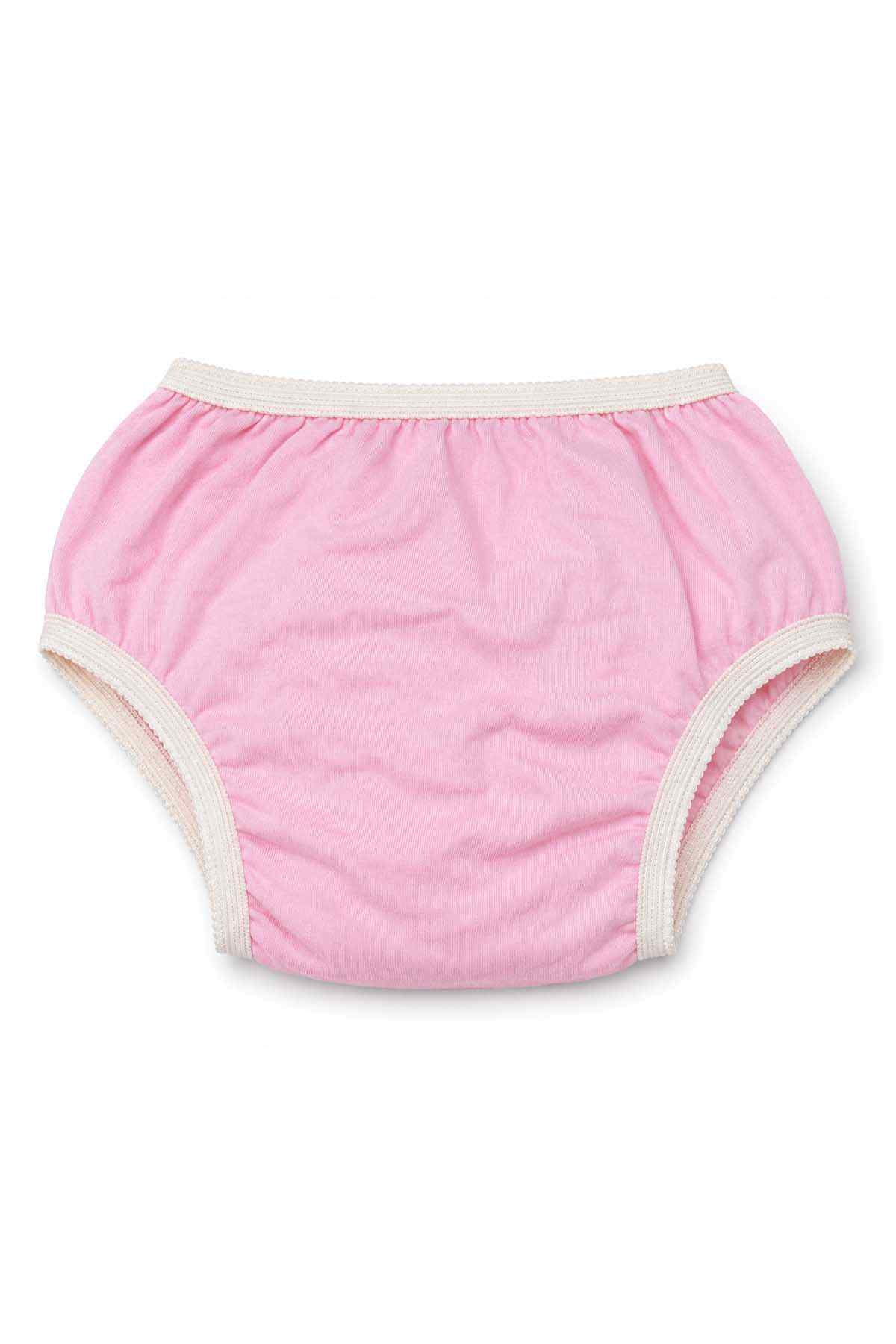 Pink baby briefs with elastic waistband and cream-trimmed leg openings