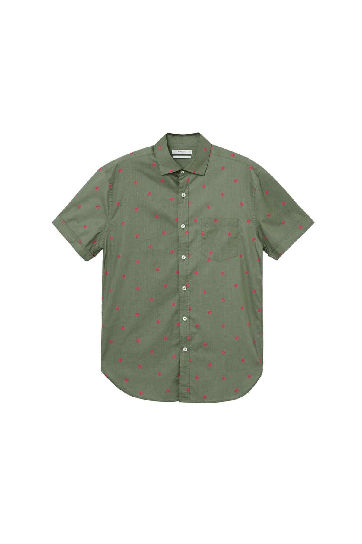 Khaki button-up shirt with red pattern, short sleeves
