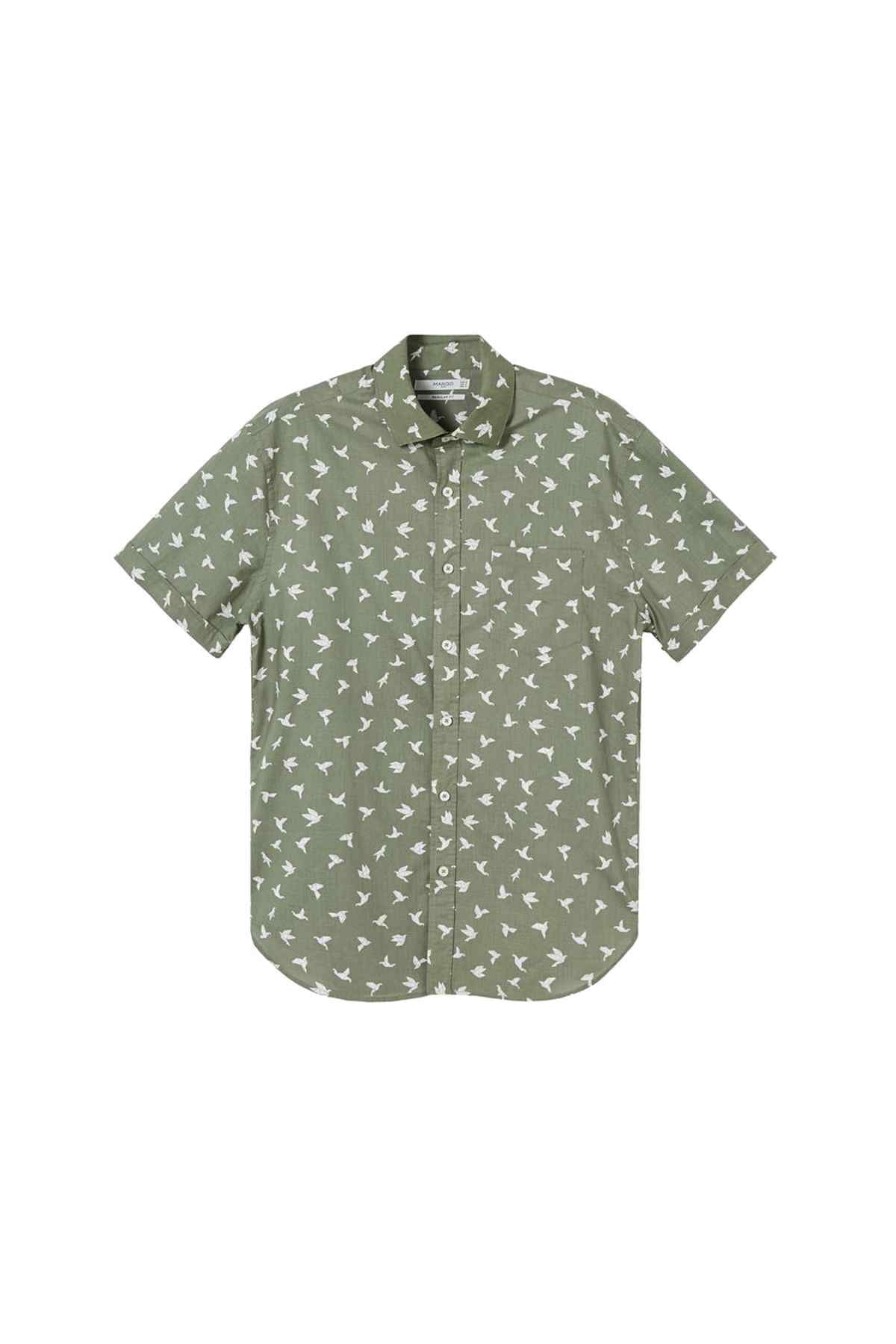 MANGO khaki button-up shirt, short sleeves, all-over bird print