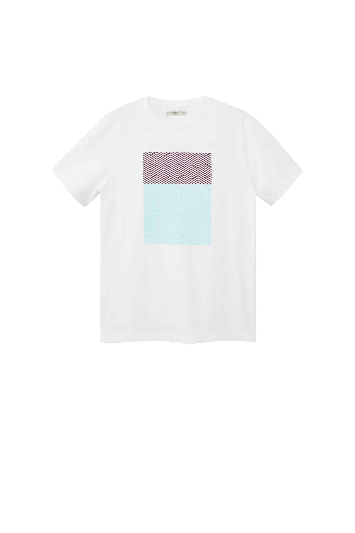 Mango white graphic T-shirt, square maroon and blue print on front