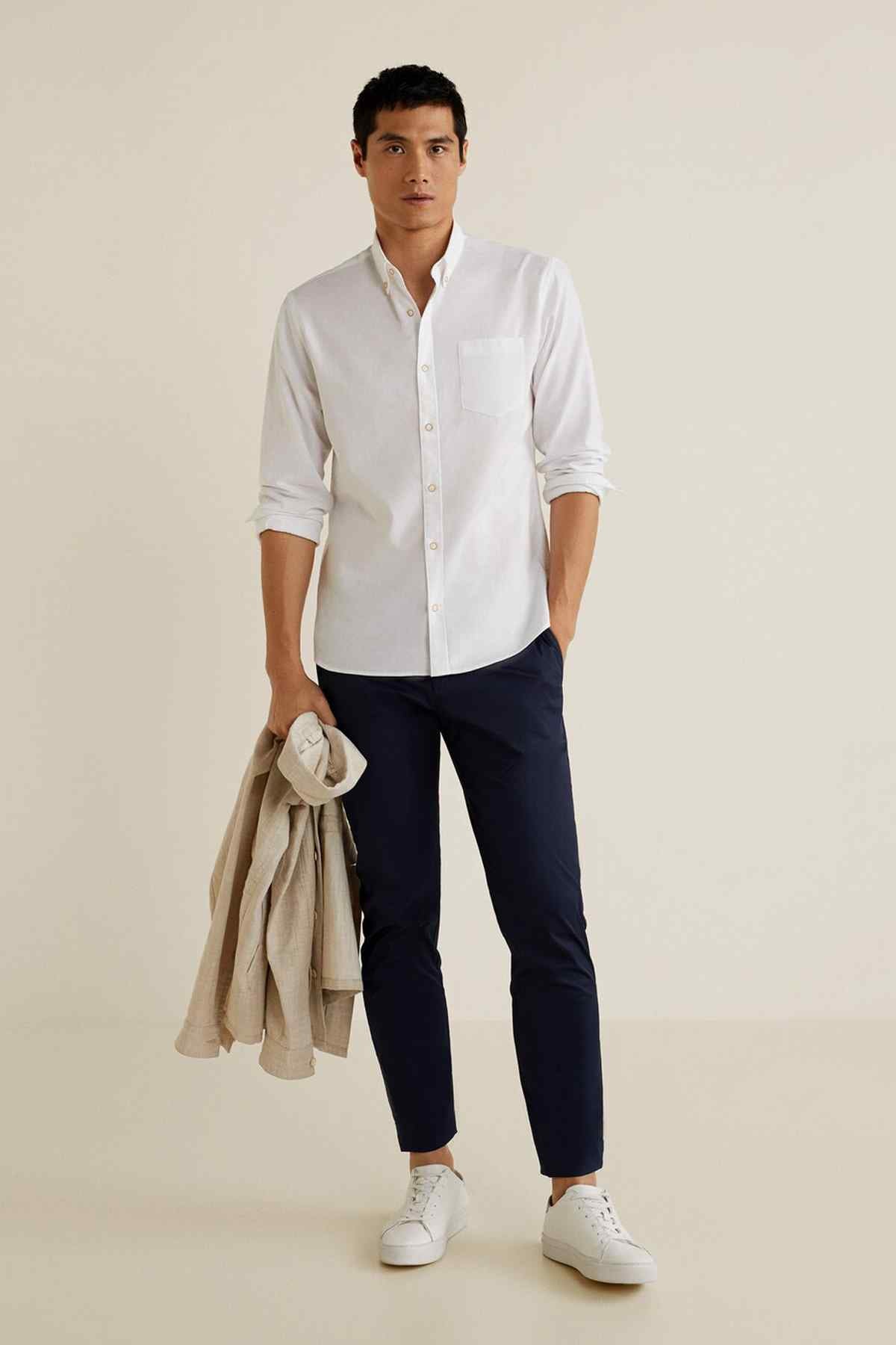 MANGO men’s white button-up shirt with button front and long sleeves