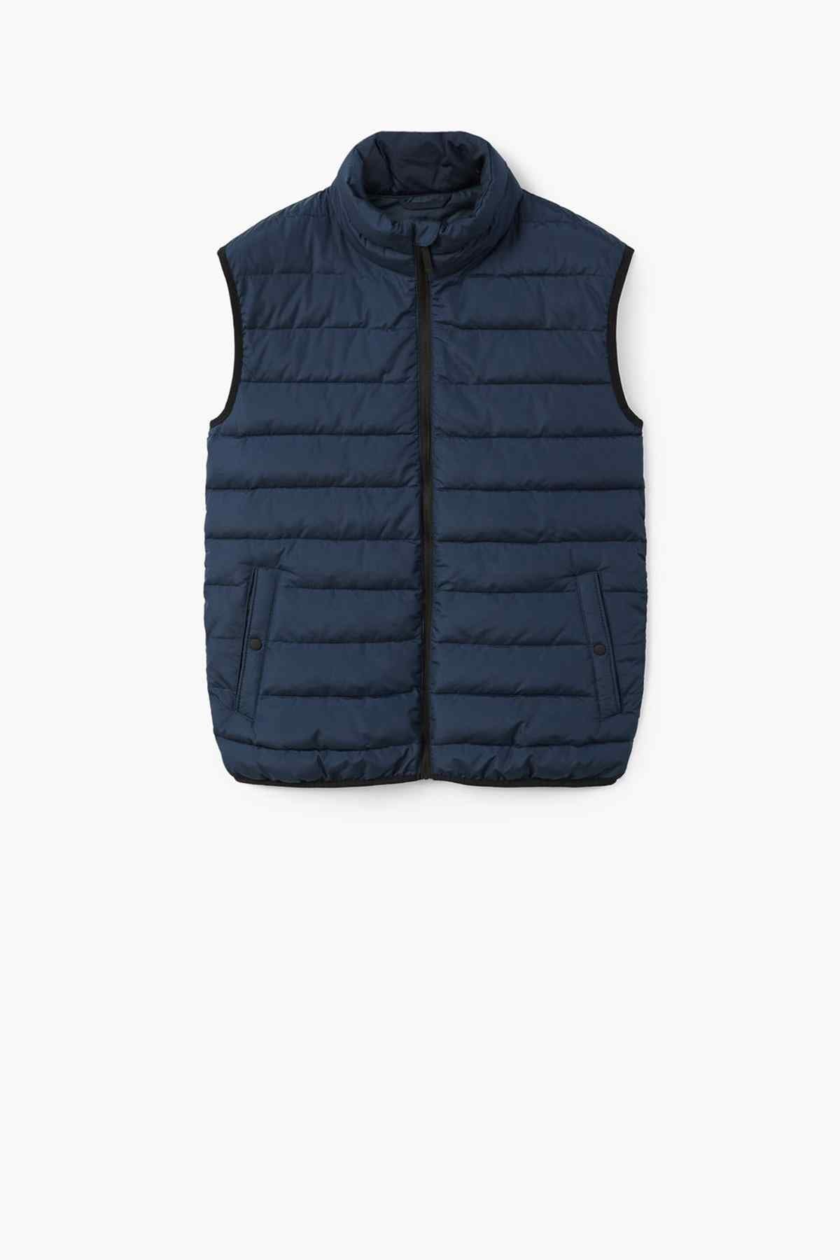 Navy quilted puffer vest with stand collar and full front zipper