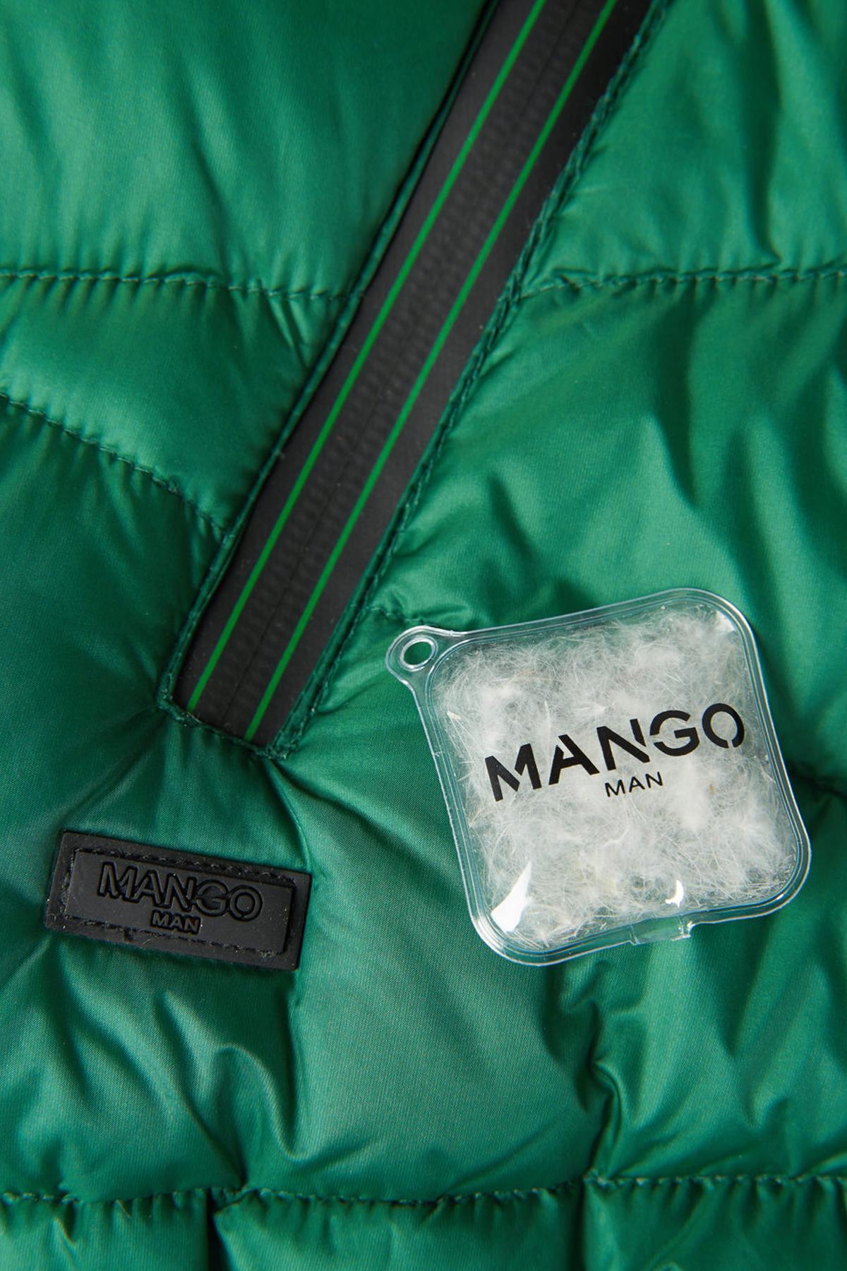 Green puffer vest with MANGO logo tags and adjustable drawcord detail