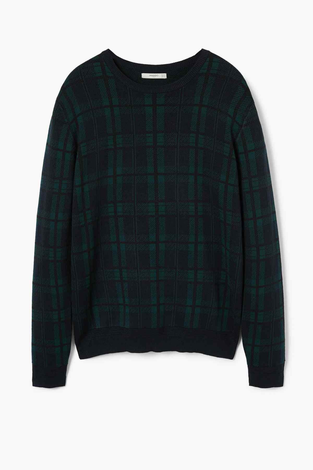MANGO dark navy plaid crewneck sweater with long sleeves