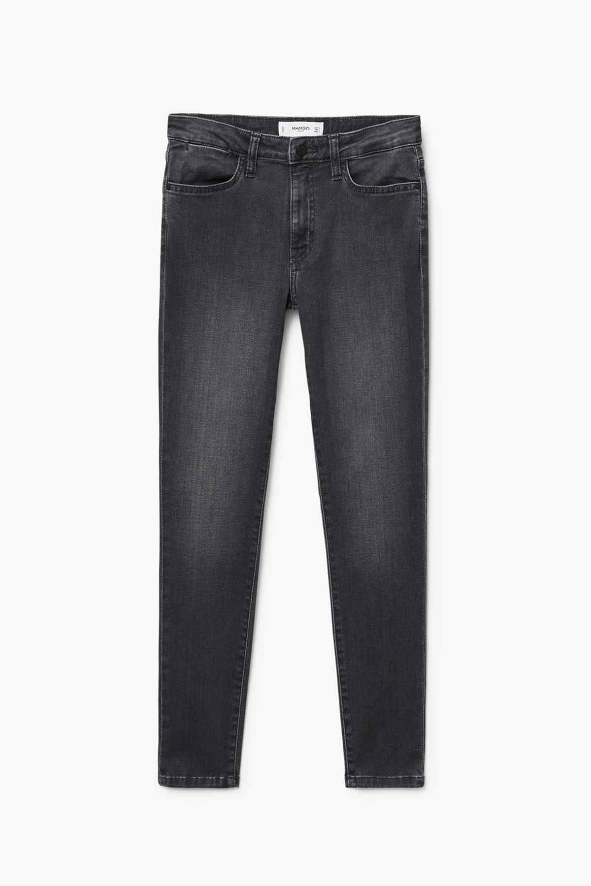 Dark gray denim jeans with button closure and five-pocket styling