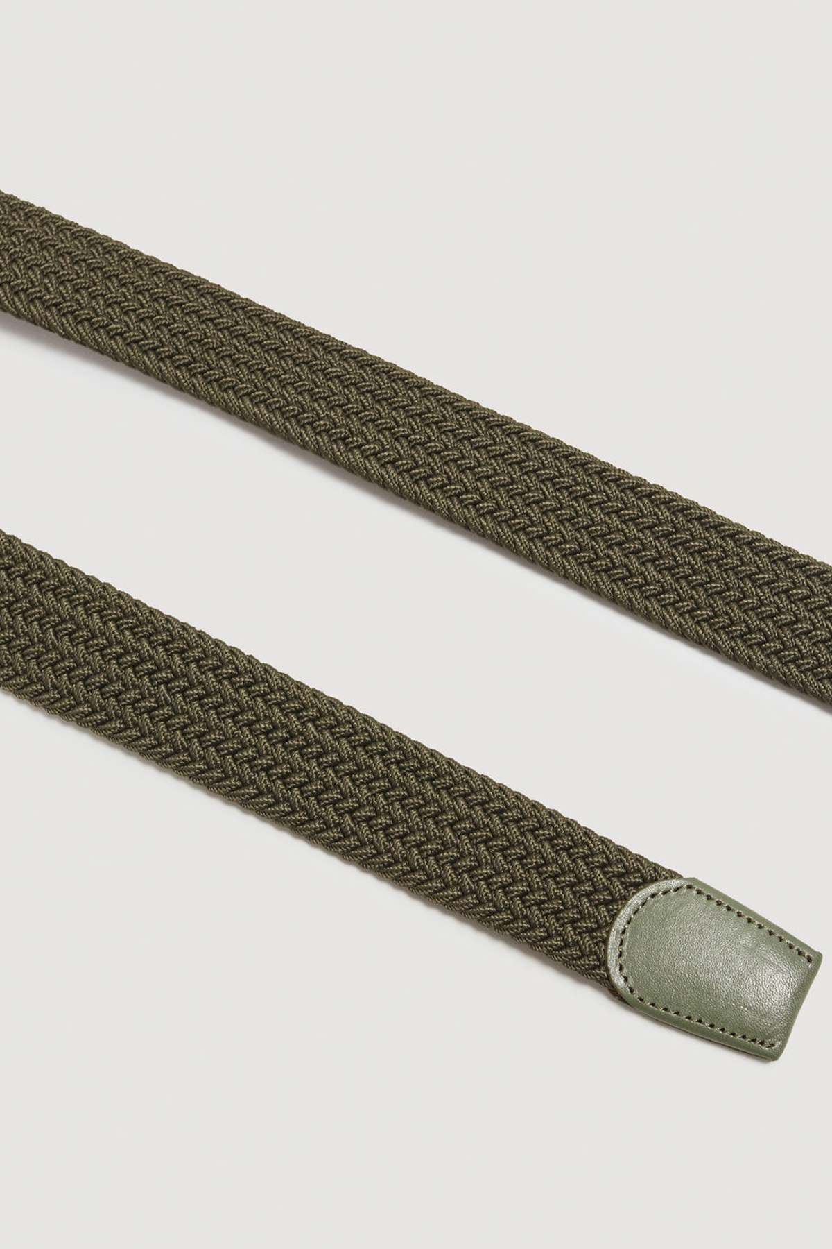 Khaki woven belt strap with stitched leather end tab