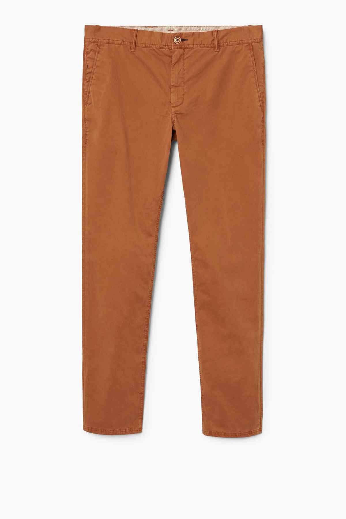 Burnt orange casual pants with belt loops, button closure, tapered leg
