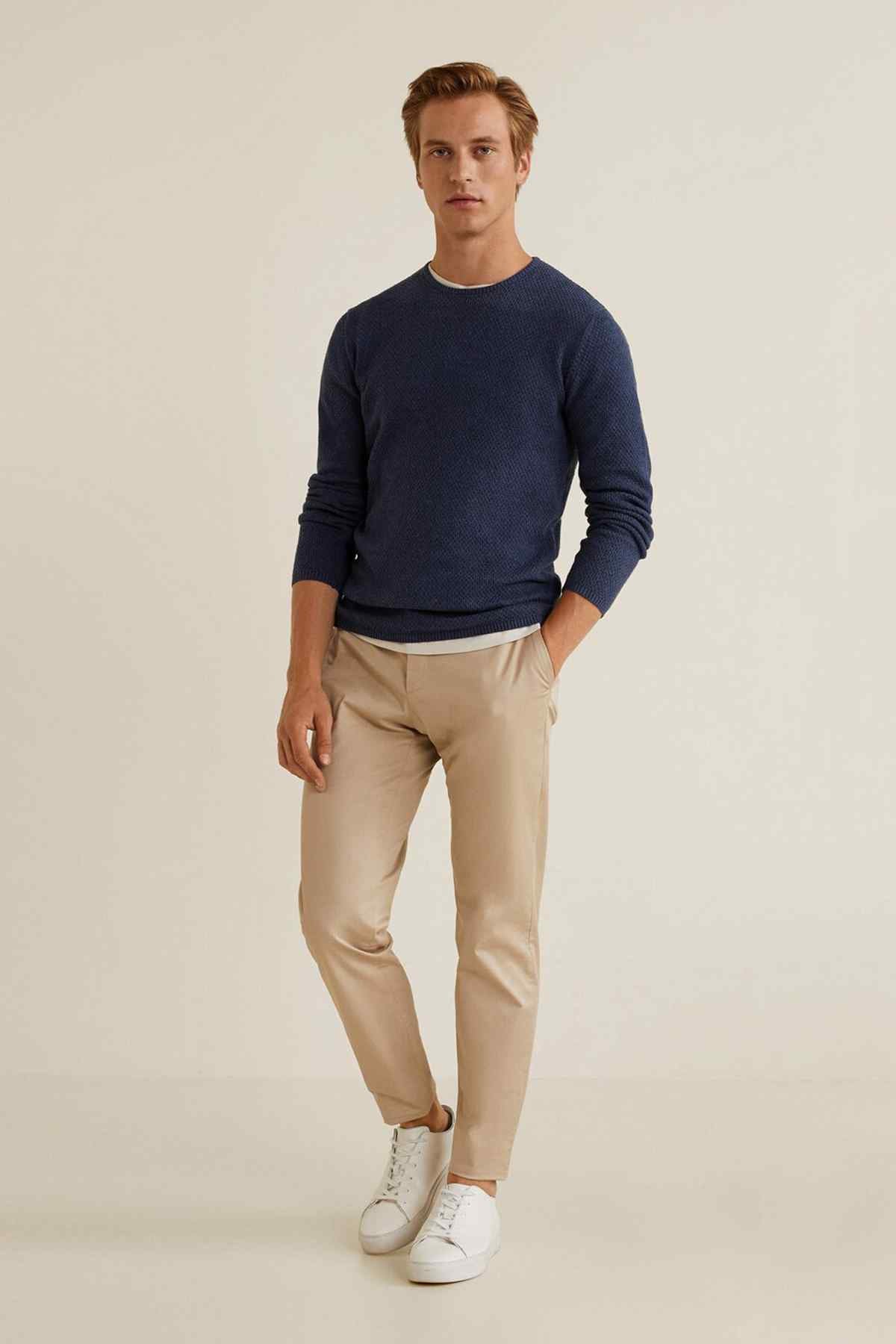 Men's indigo blue crewneck sweater with long sleeves and ribbed hem