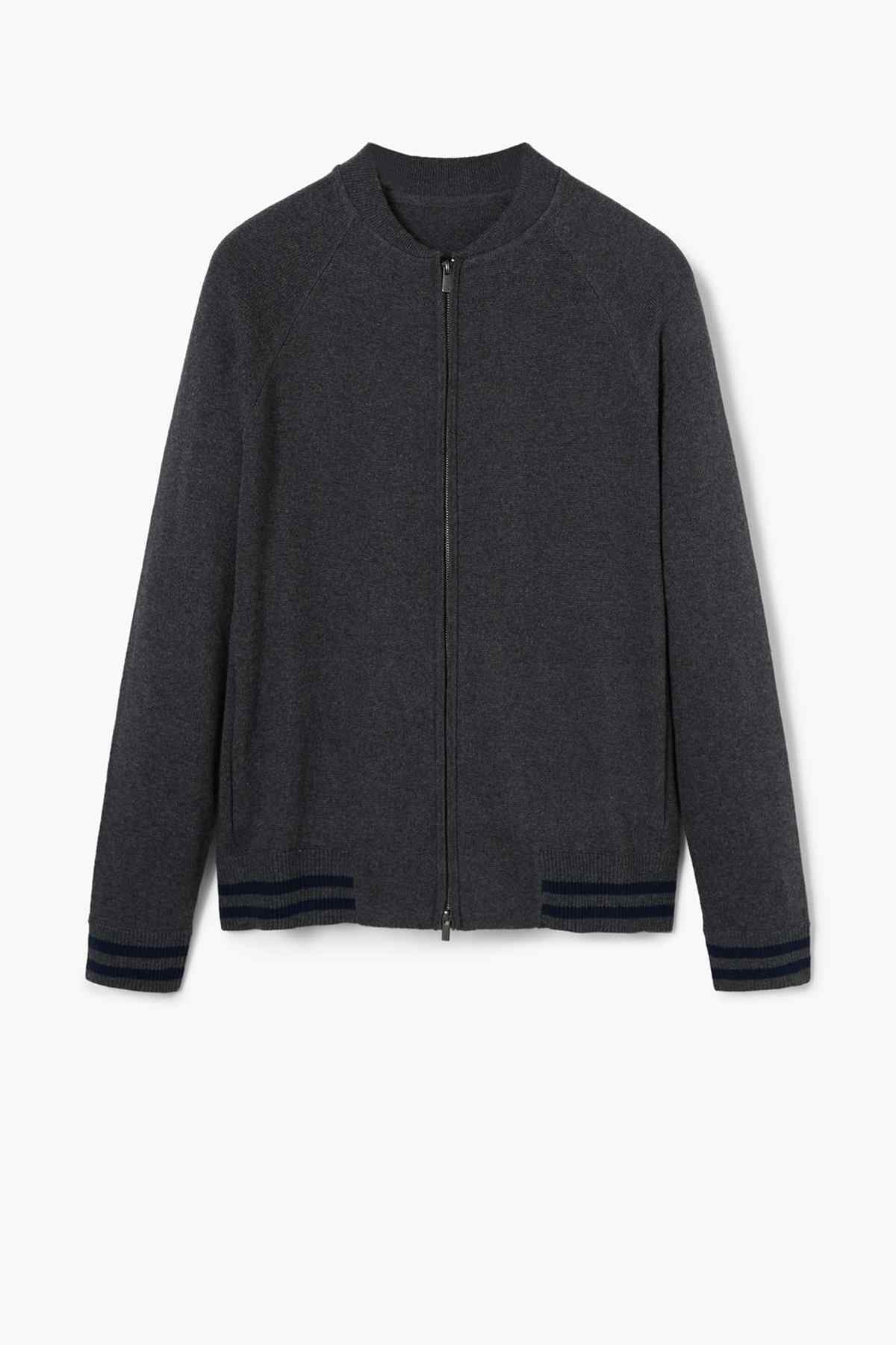 Dark heather grey zip-up jacket with stand collar, ribbed cuffs, and striped hem