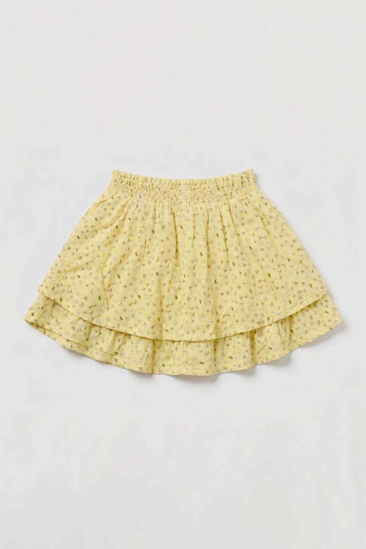 Yellow baby skirt with micro-pattern, tiered ruffle hem and elastic waist