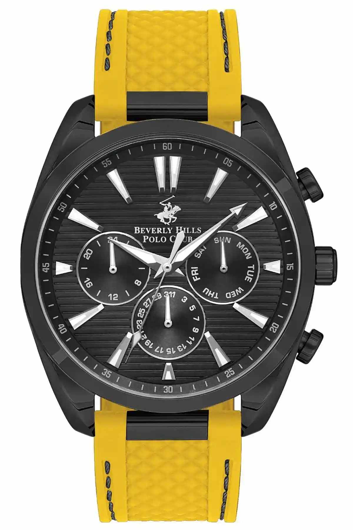 Yellow and black analog wristwatch with black dial and three subdials, yellow strap