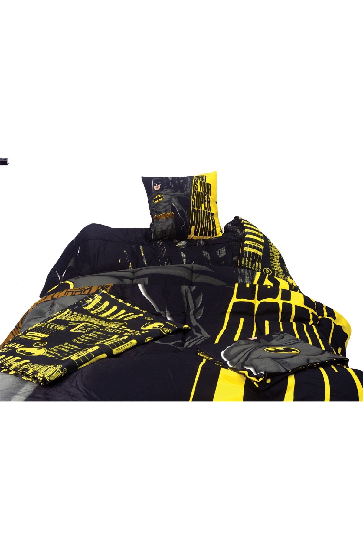 Disney Batman quilted comforter, black with yellow graphic panels and matching pillowcases