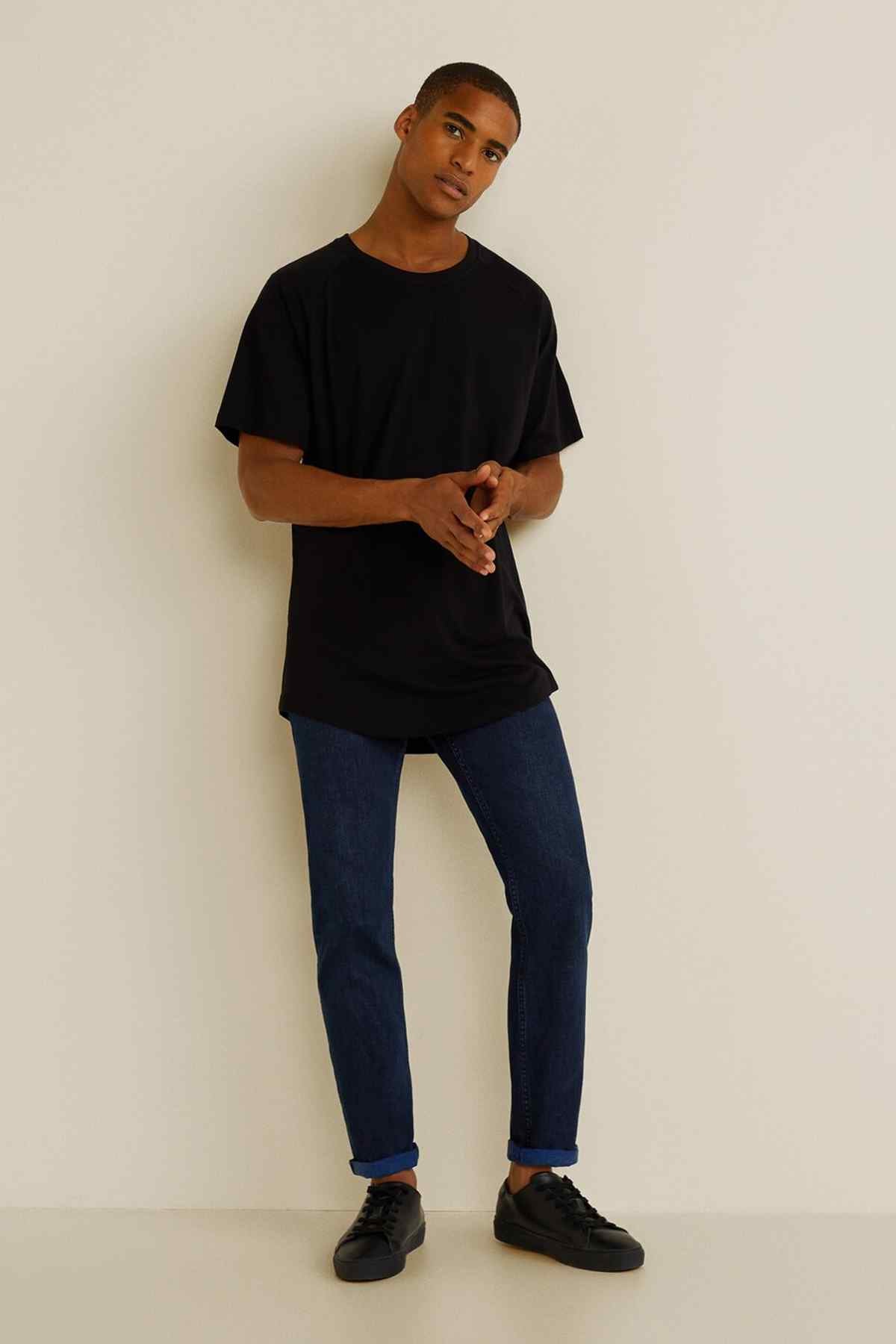 Black crew-neck T-shirt with short sleeves, front view