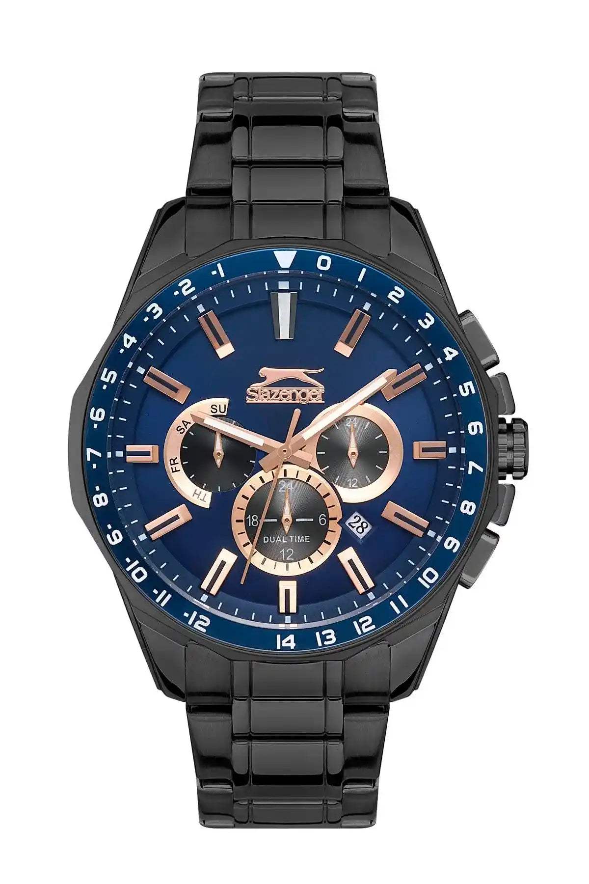 SLAZENGER analog chronograph watch with blue dial and black metal bracelet