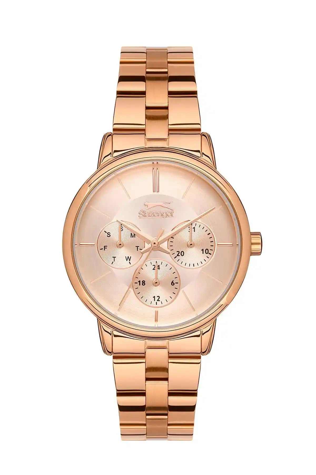 Rose gold round metal wristwatch with subdials and date markers