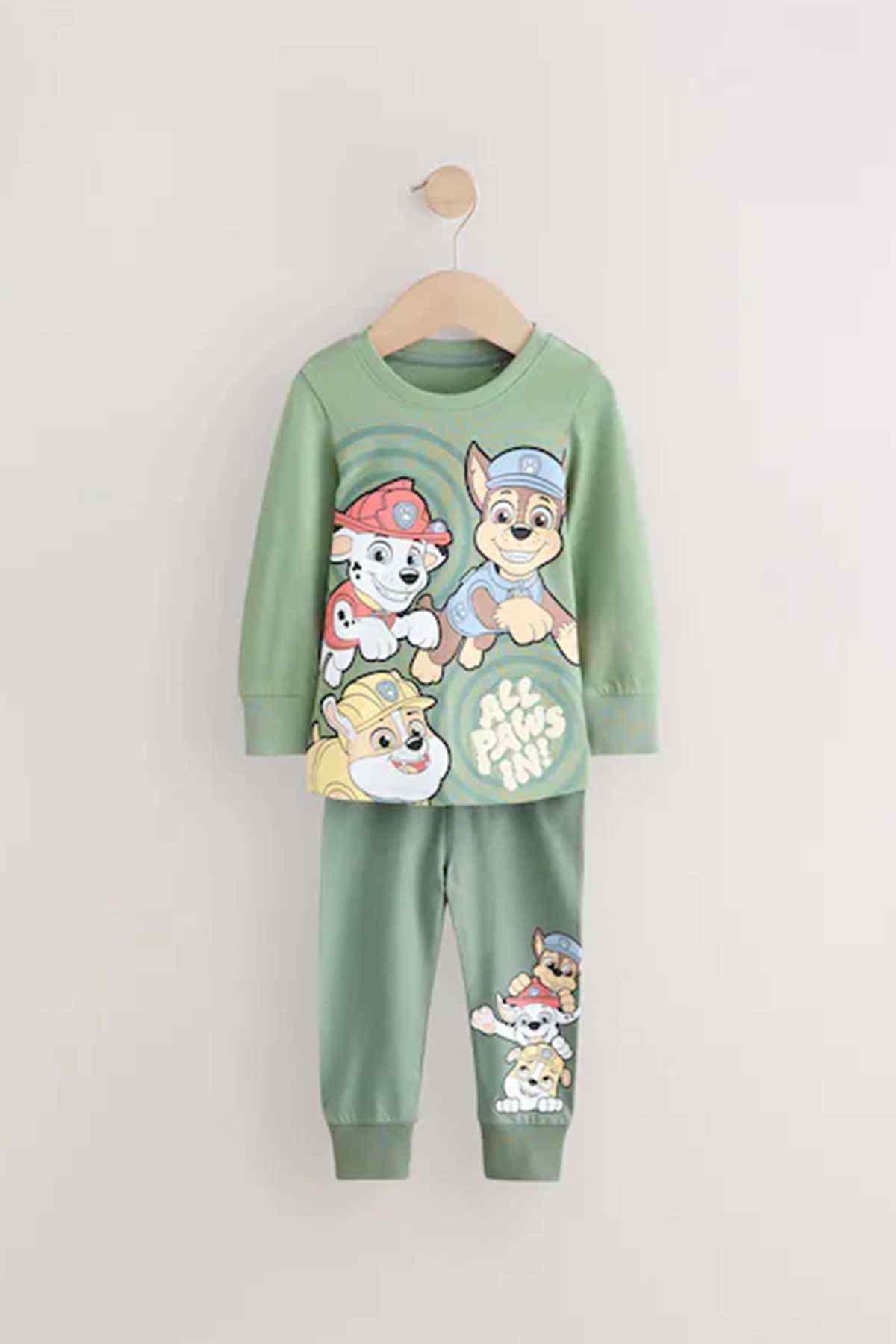 Kids' sage green long-sleeve pajama set with character collage on top and pants