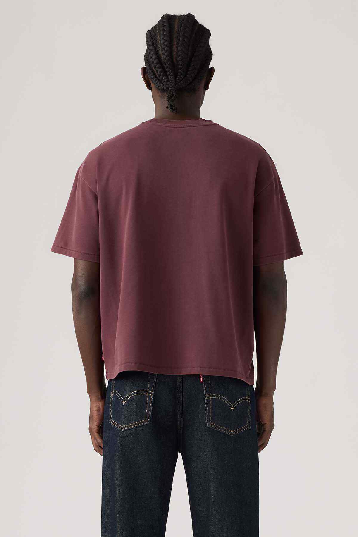 Men's maroon crew-neck T-shirt from back, short sleeves, straight hem