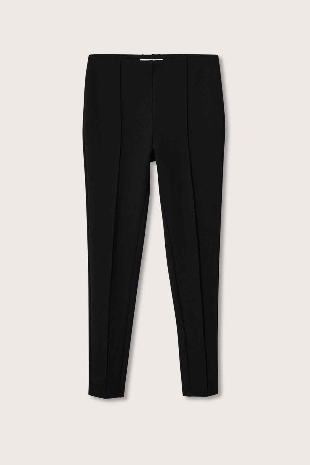 Black tailored ankle pants with center crease and slim straight legs
