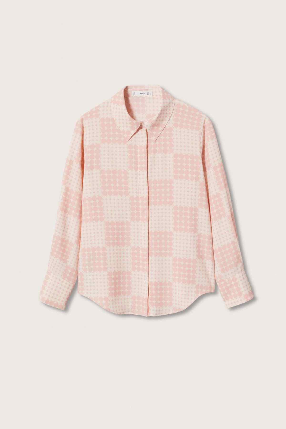 Light pink patterned button-up shirt, front view, long sleeves