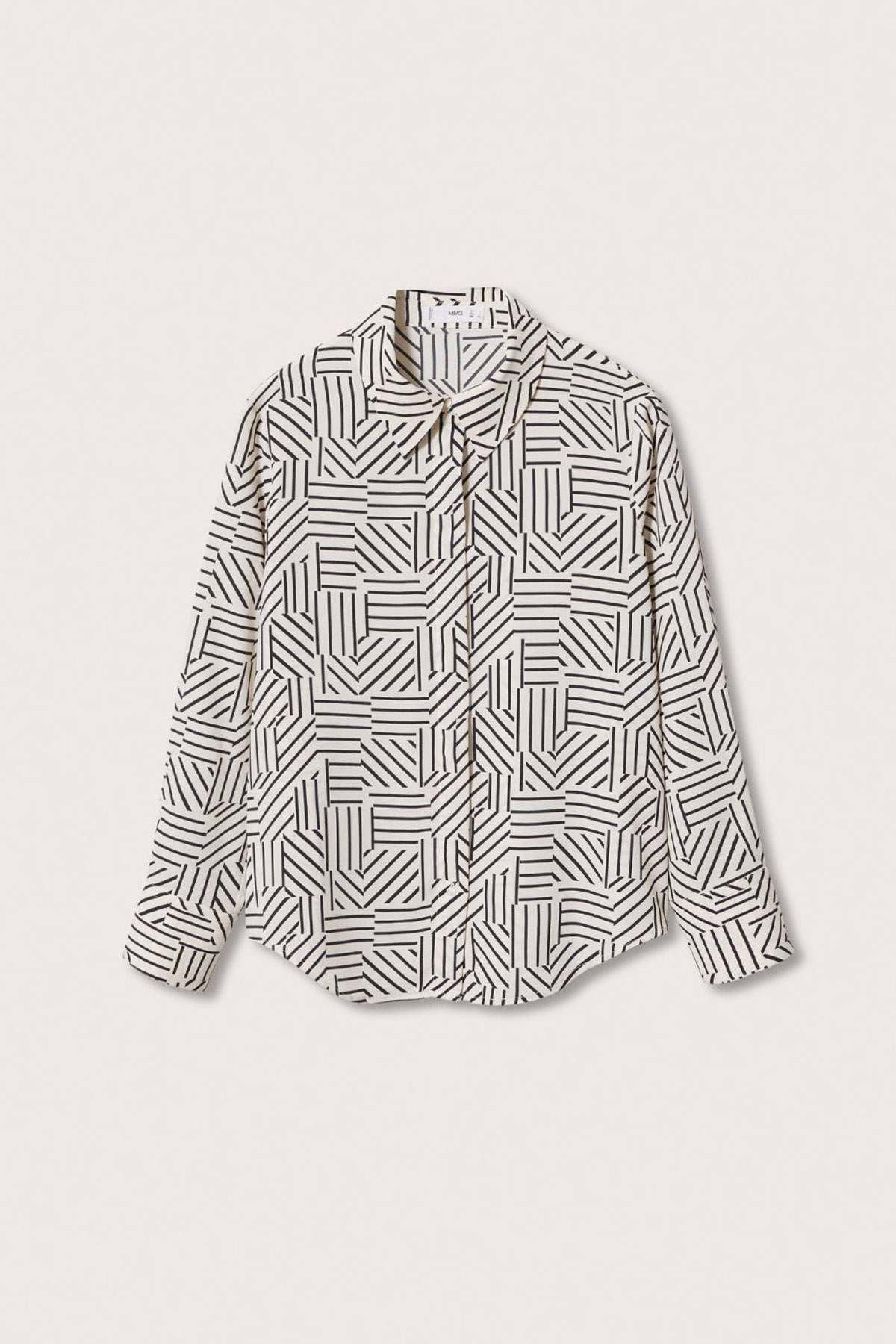 MANGO geometric patterned button-up shirt, flat lay front with point collar