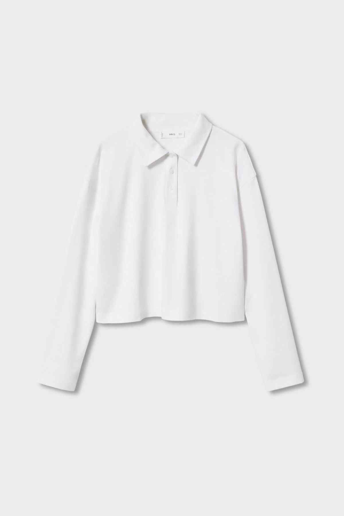 MANGO off-white cropped button-up blouse with long sleeves