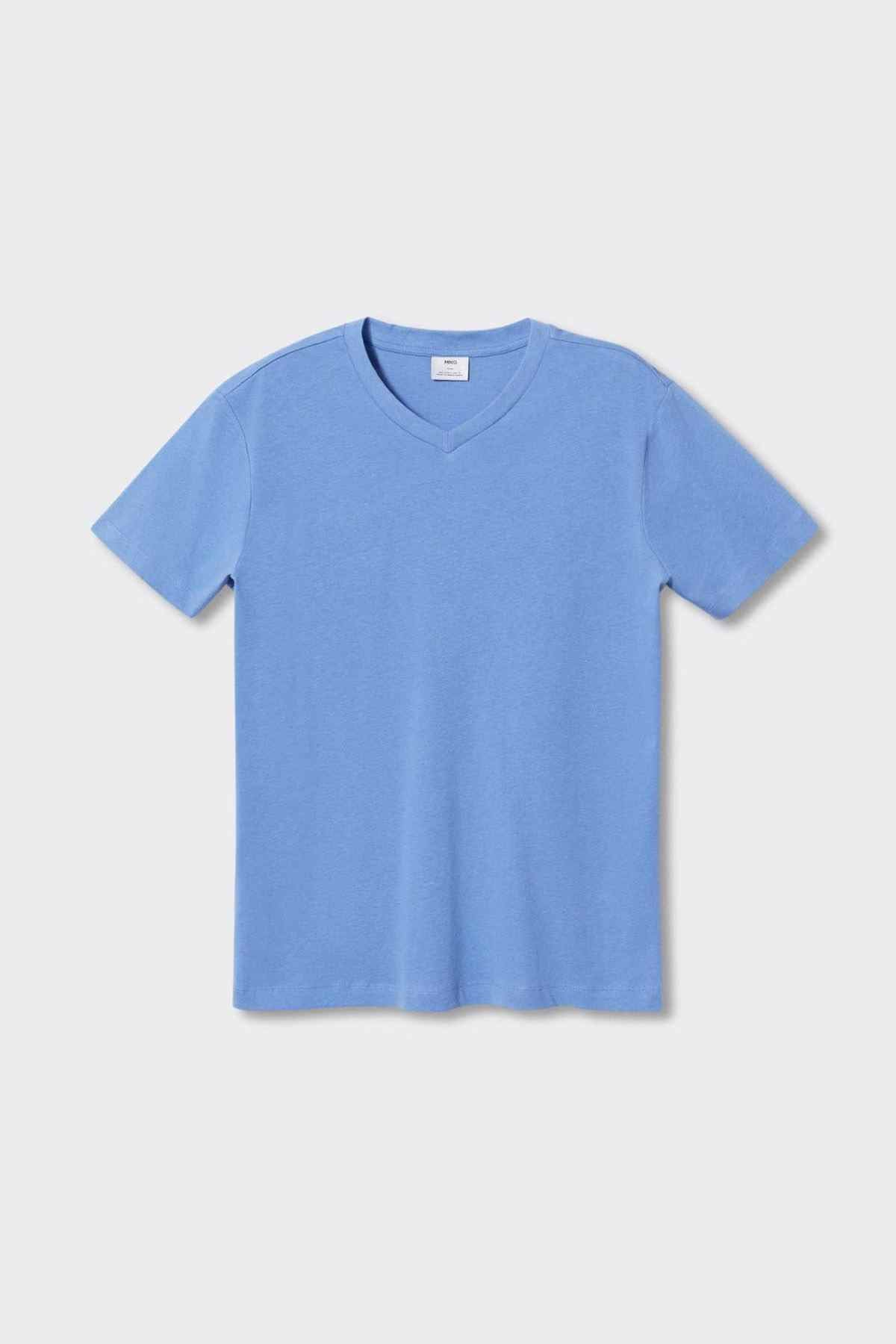 Men's light blue V-neck T-shirt, short-sleeve top on white background