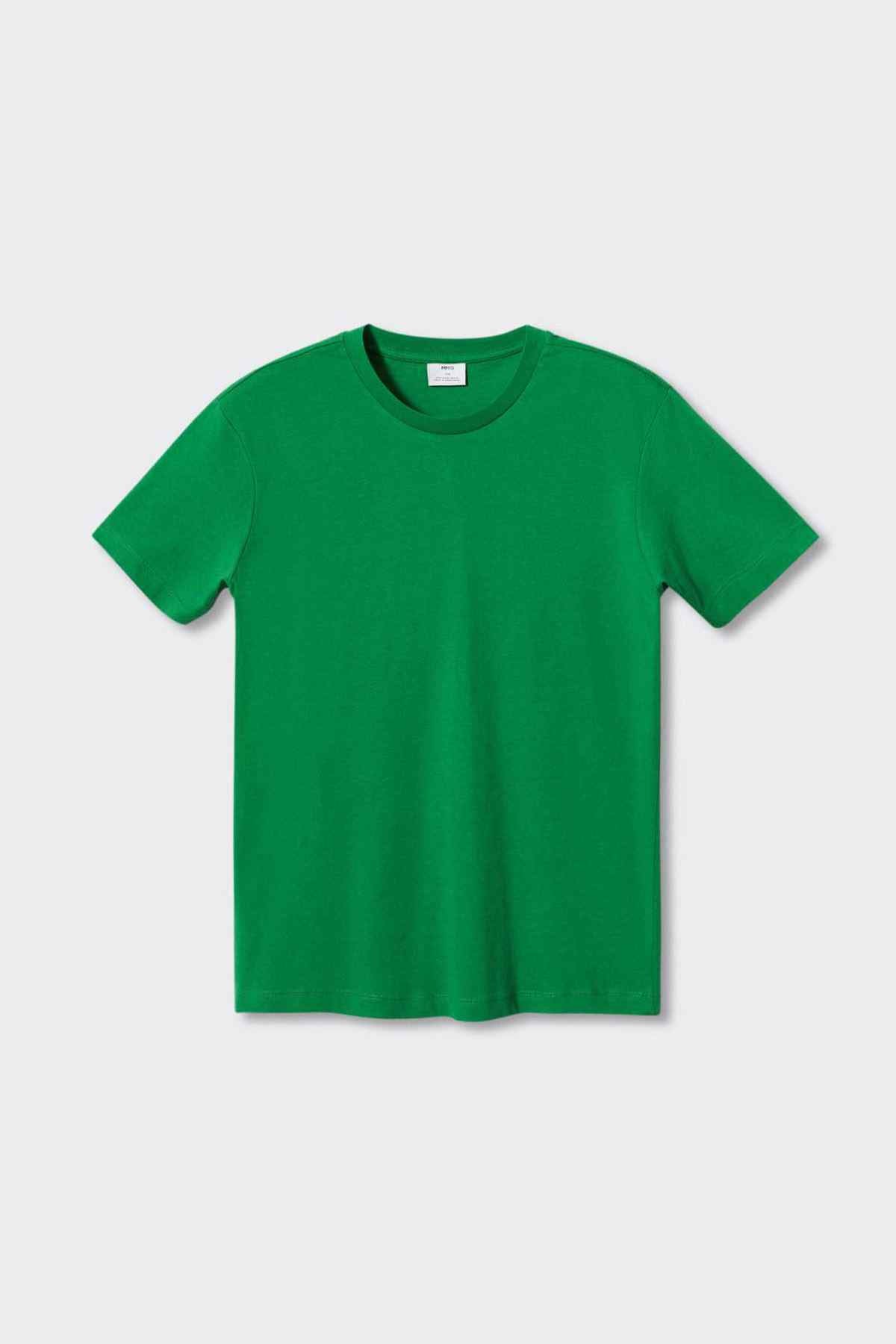 MANGO emerald green crew-neck T-shirt, short sleeves, plain knit laid flat