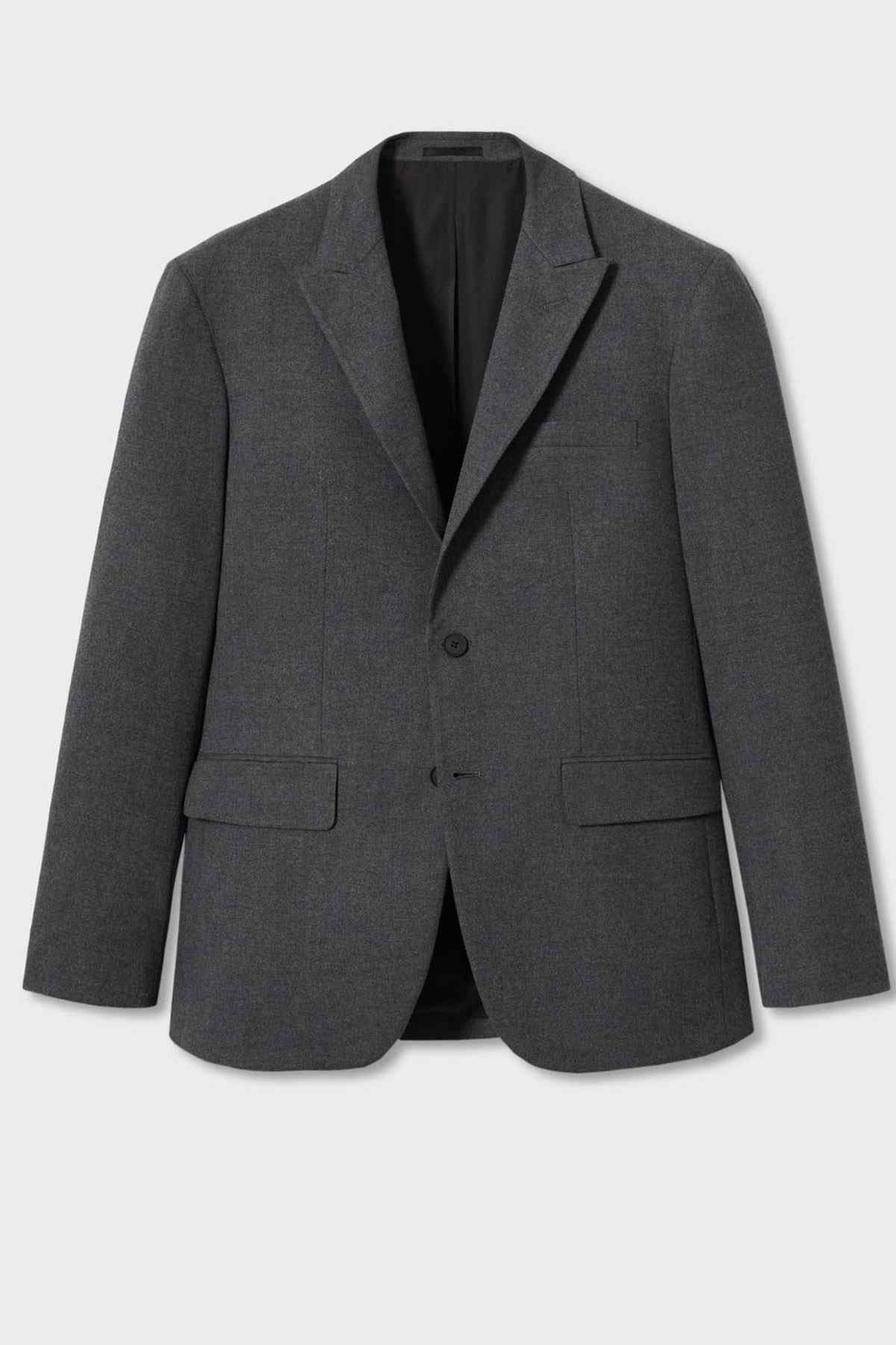 Grey suit jacket, front flat lay with two flap pockets and notch lapel