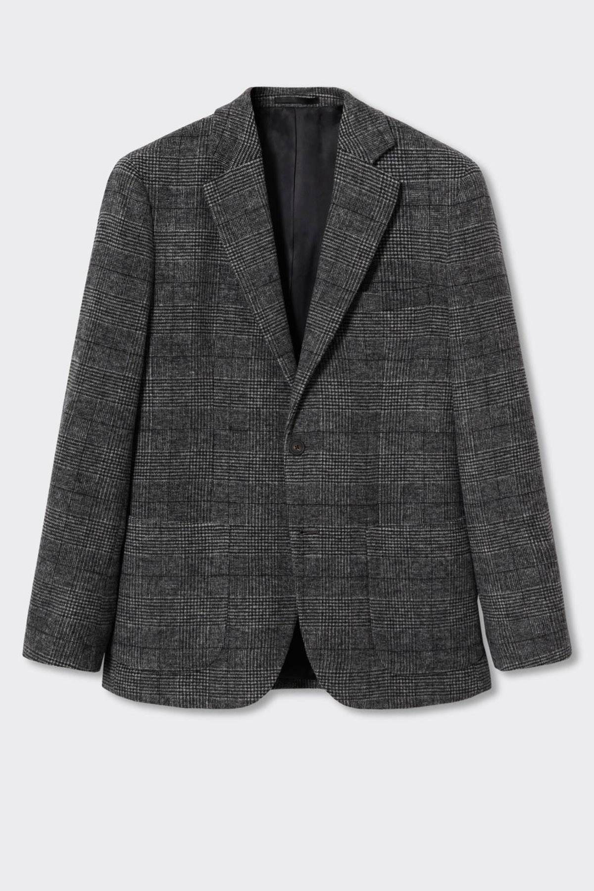 Grey textured single-breasted blazer, front view
