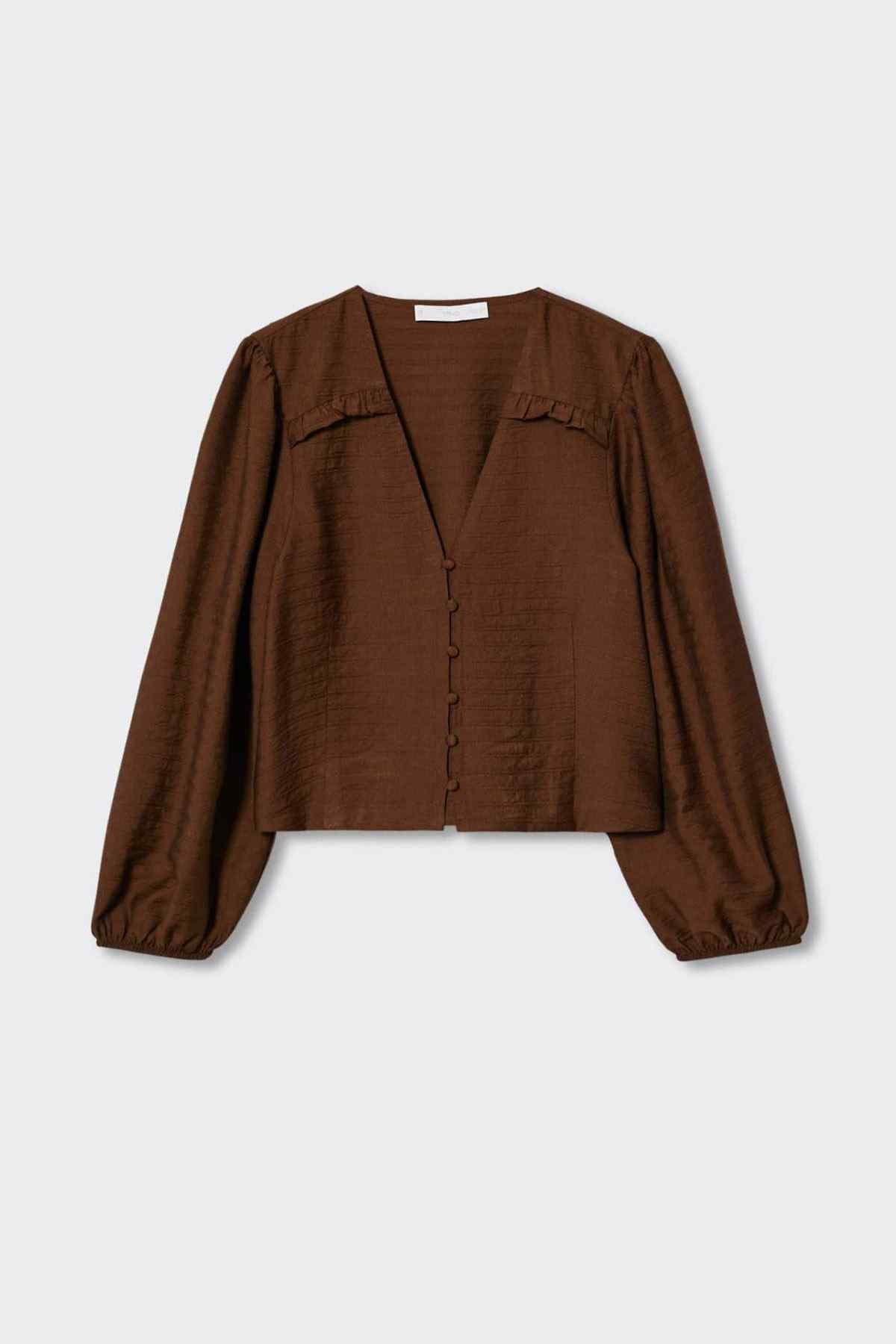 Brown button-front cropped jacket top with long puff sleeves