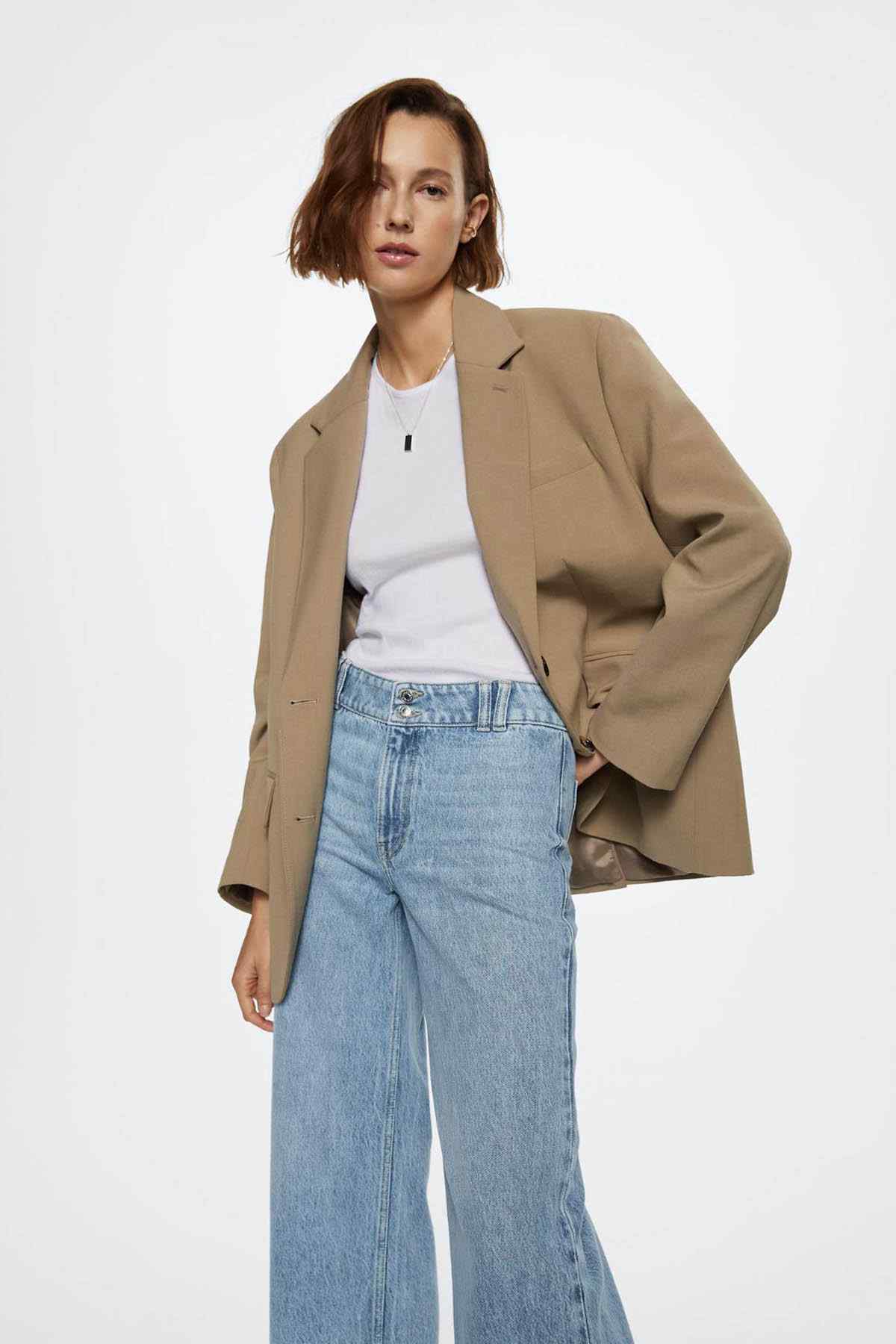 MANGO medium-blue high-rise wide-leg denim jeans with belt loops