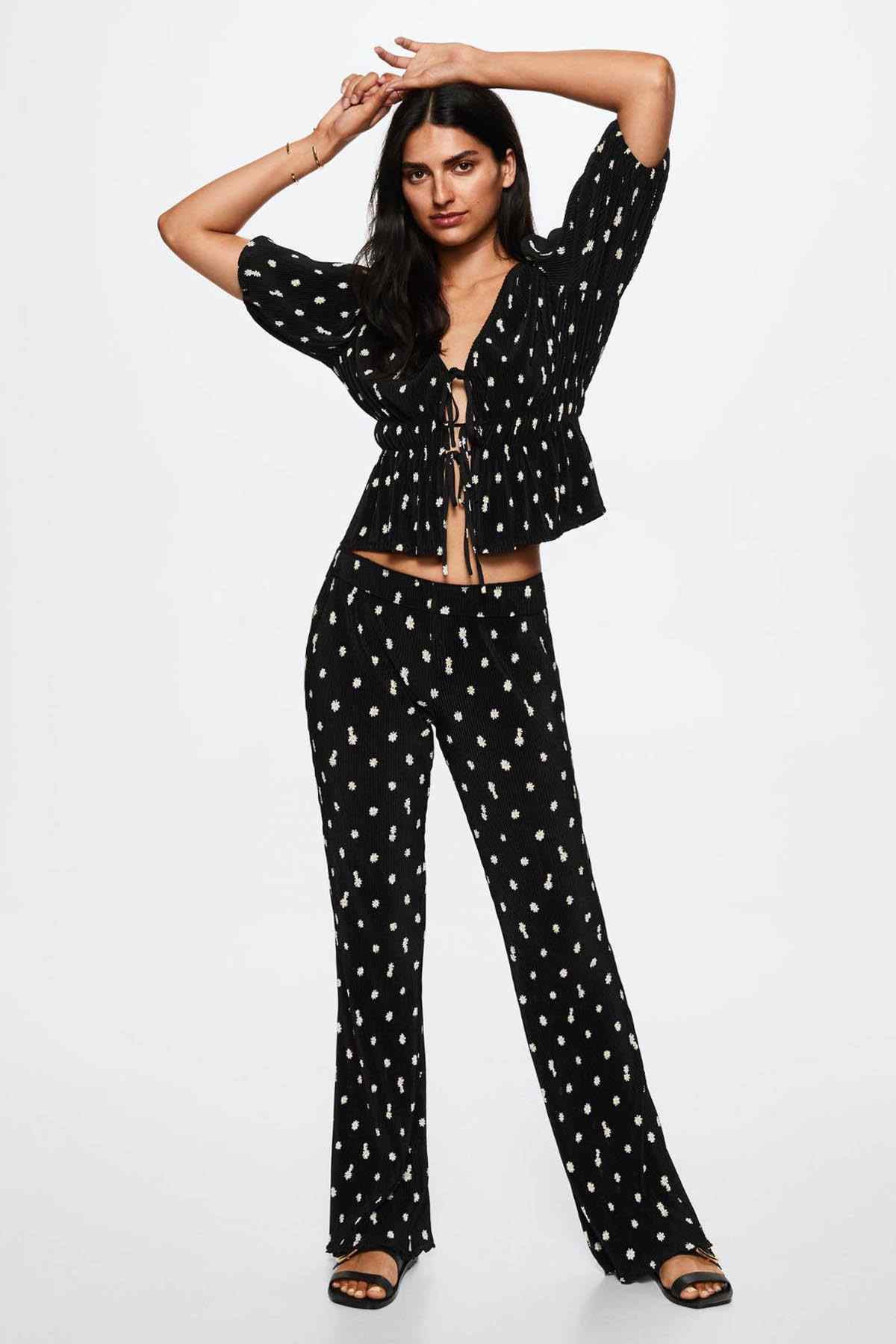 Black allover tiny-floral printed blouse, V-neck peplum with drawstring waist