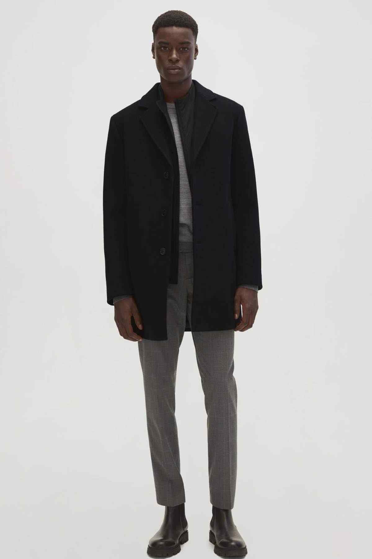 MANGO navy overcoat with notched lapels over a striped shirt