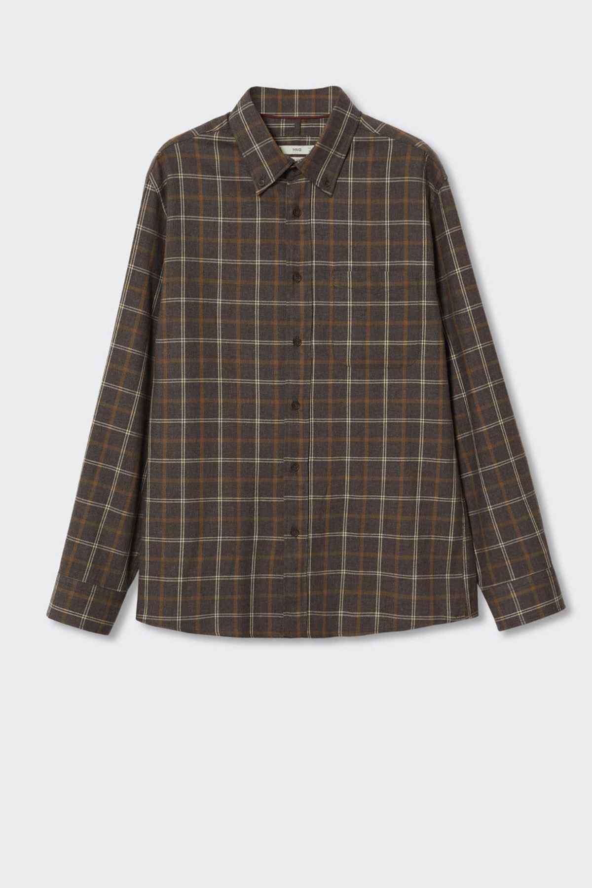 Dark brown plaid button-up overshirt, long-sleeve front view