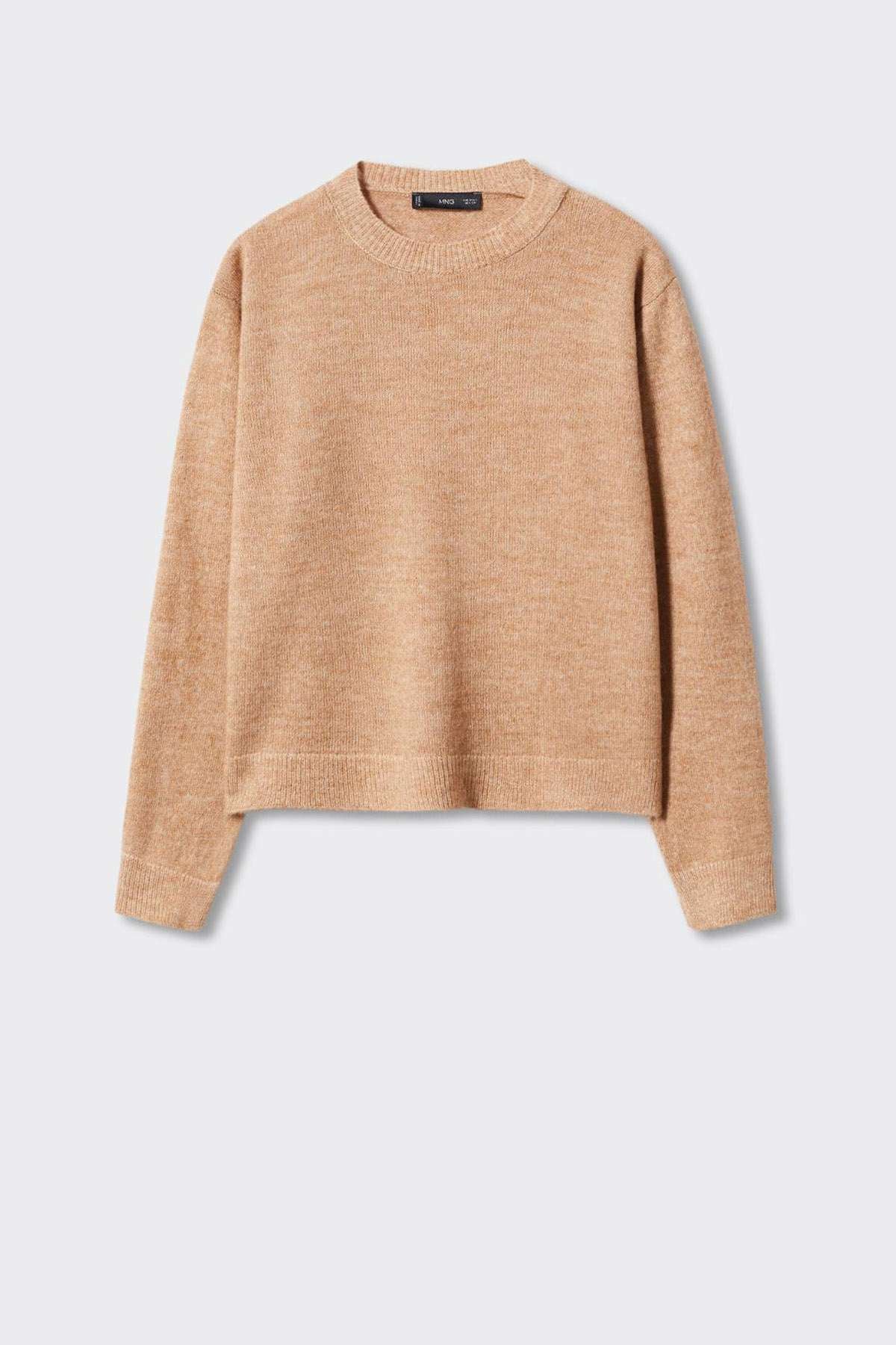Medium brown long-sleeve knit sweater with crew neckline