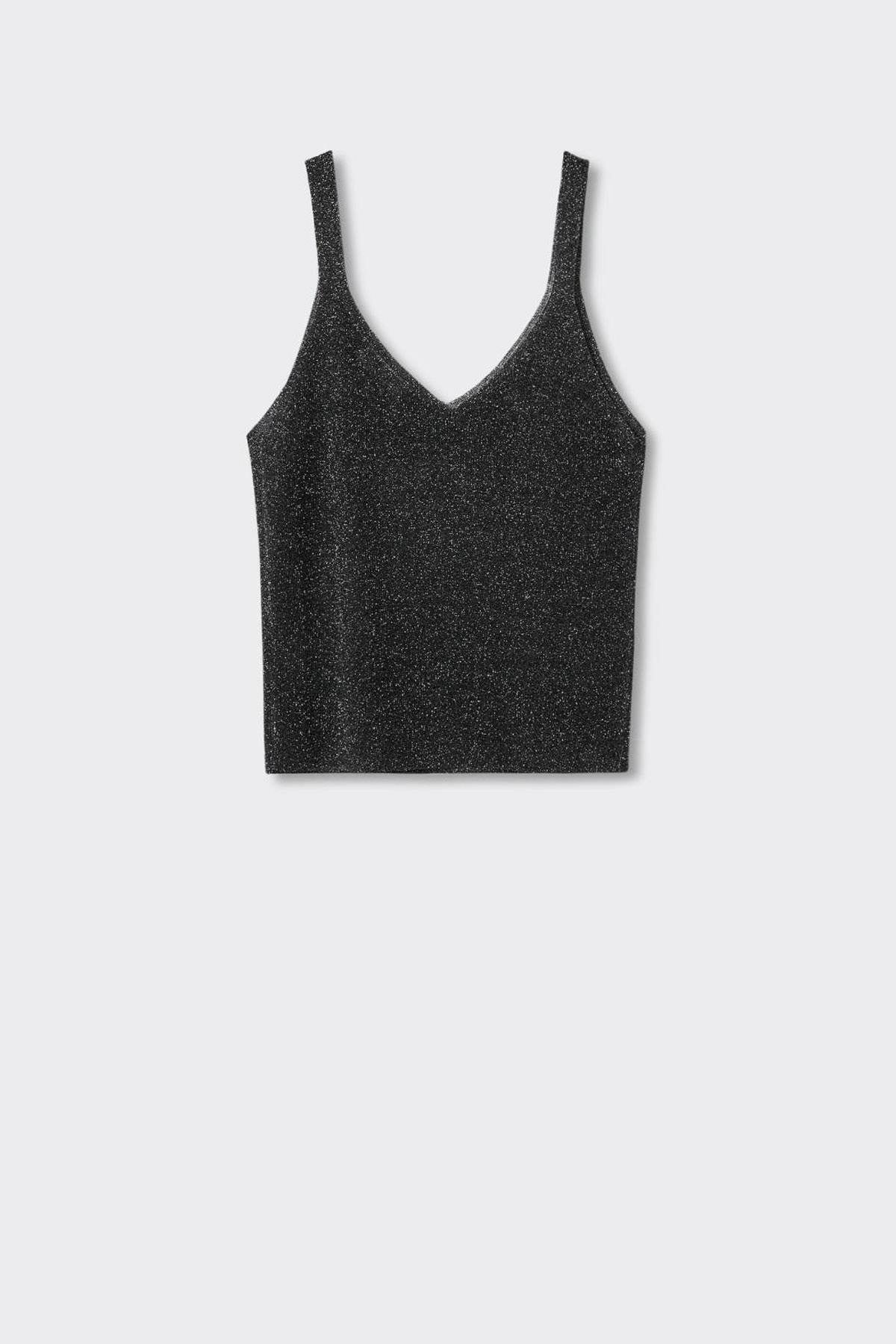 Black glitter V-neck tank top, sleeveless, front view