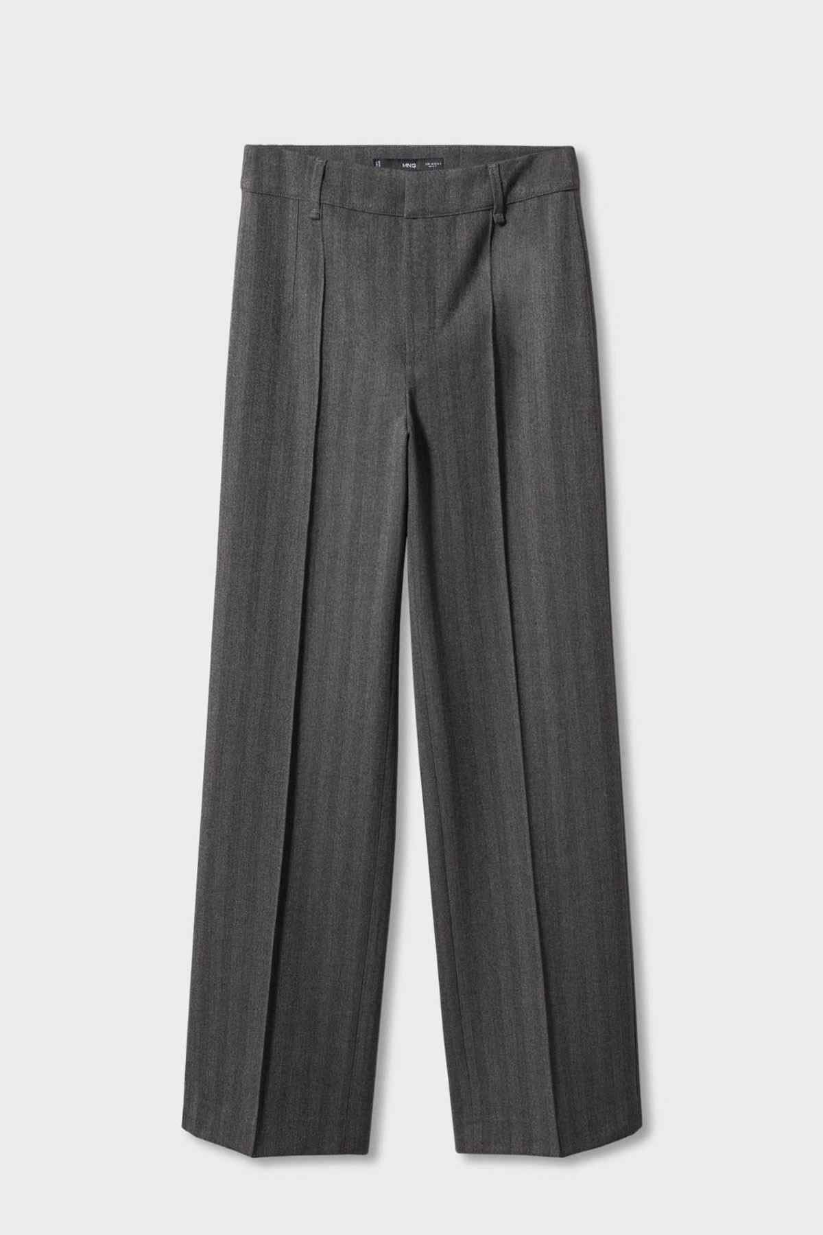 Grey wide-leg trousers flat lay, pleated front and straight leg with cuffed hem