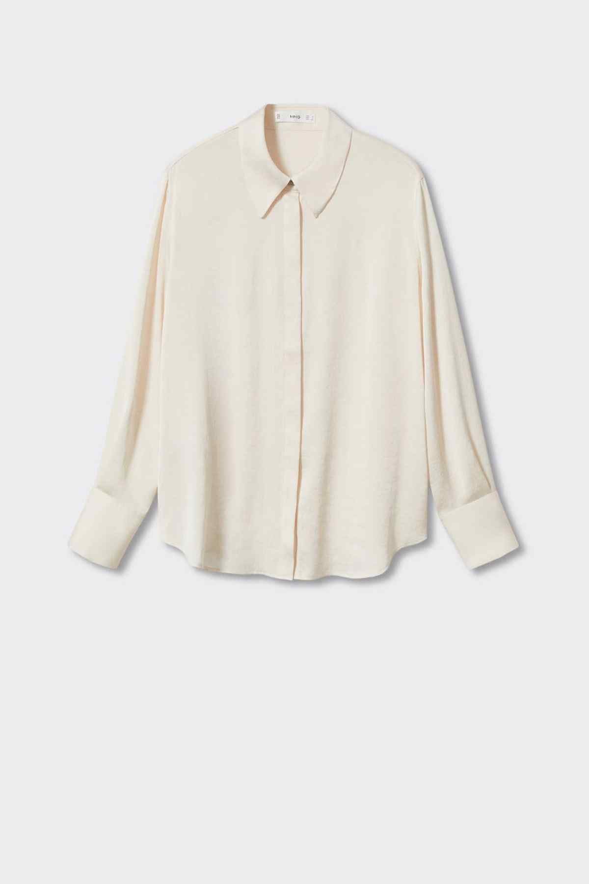 MANGO off-white button-up shirt, flat lay on hanger