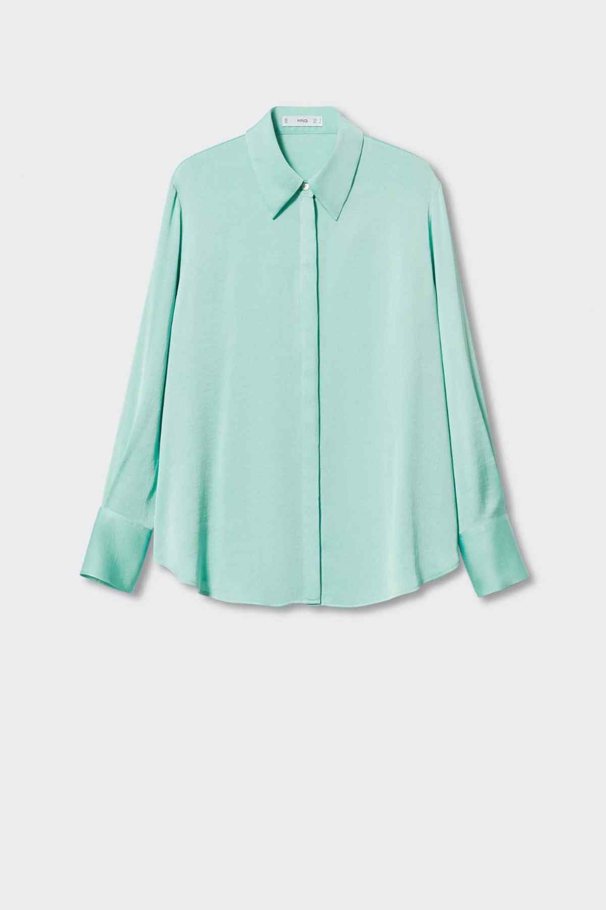 Pastel green button-up shirt with long sleeves and center front placket